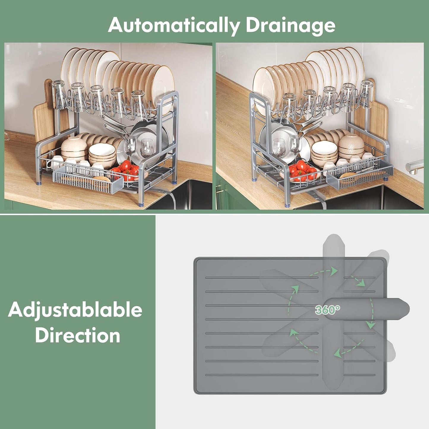 2 Tier Dish Drainers Drying Rack for Kitchen Counter Large Stainless Steel Dishes Drain with Drainboard, Space Saving, Big Modern Silver Countertop Metal Plates Dryer Strainer Holder and Extra Tray