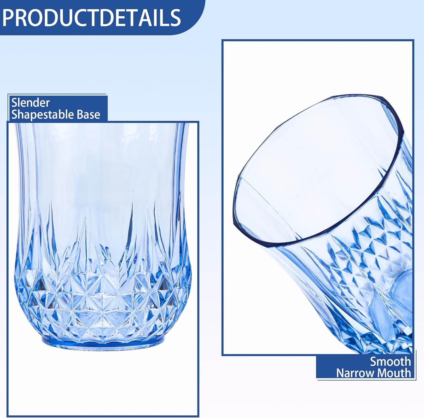 24 PCS Blue Stemless Wine Glasses，Plastic Reusable Cups 9OZ Vintage Drinking Glasses Tumblers for Whisky, Beer, Juice, Beverages, Cocktai