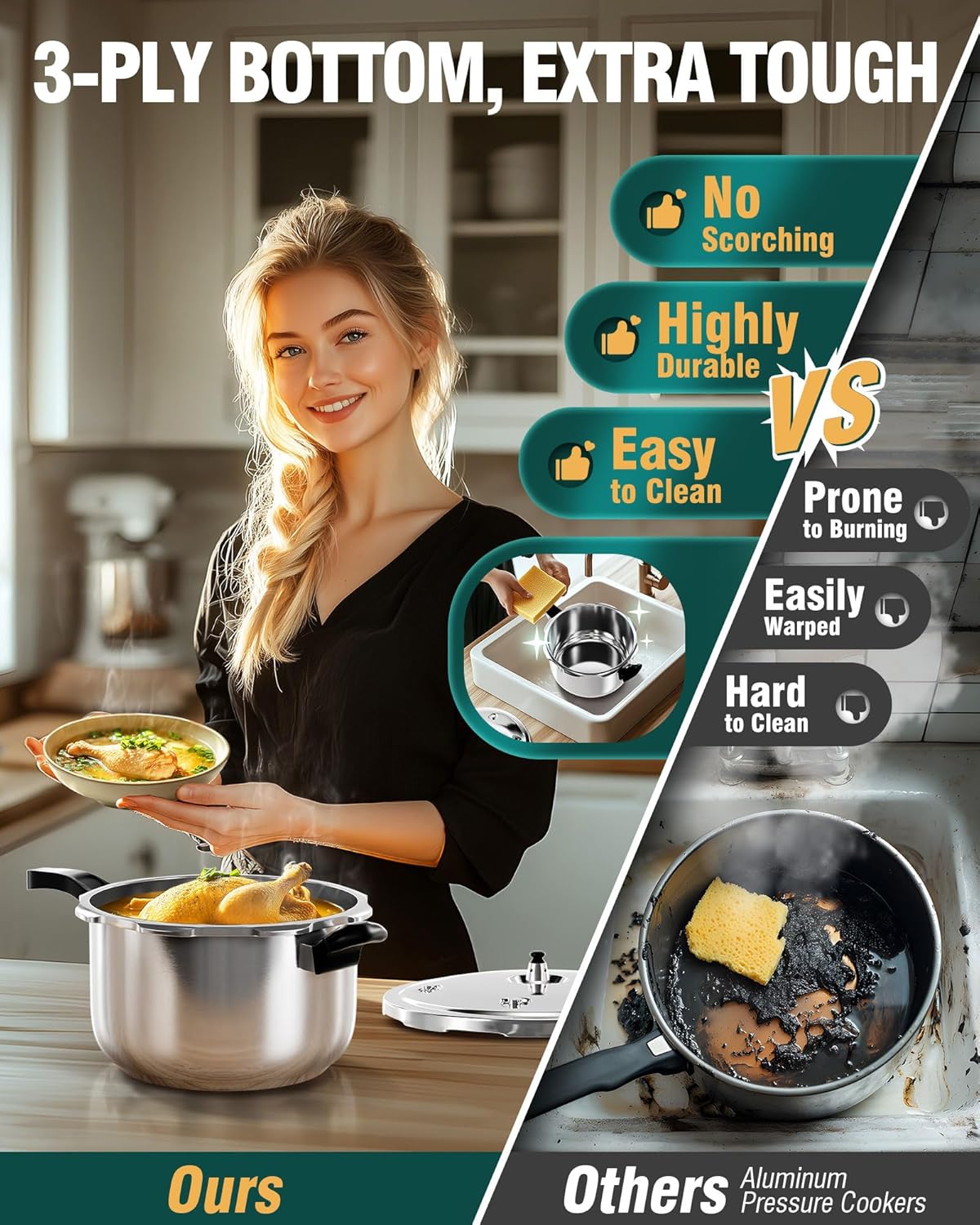 WantJoin Pressure Cooker Stainless Steel 6.5 Qt, Commercial Stove Top Pressure Cooker Pot Used for Pressure Foodie or Steaming, Compatible with Gas & Induction Cooker