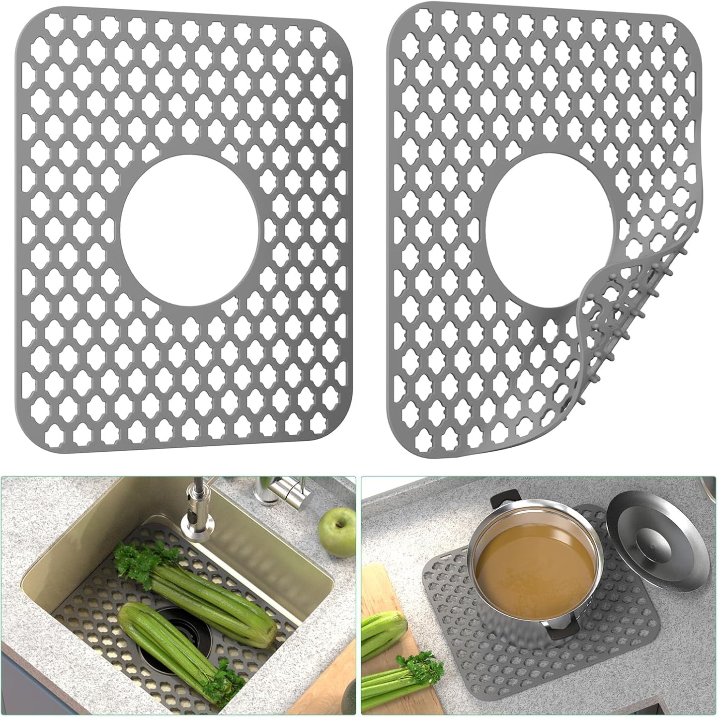 TOOVEM Kitchen Sink Mats, 2PCS Non-Slip Heat Resistant Silicone Sink Protector Mat, Folding Farmhouse Rear Drain Sink Mats, Center Drain, Grey
