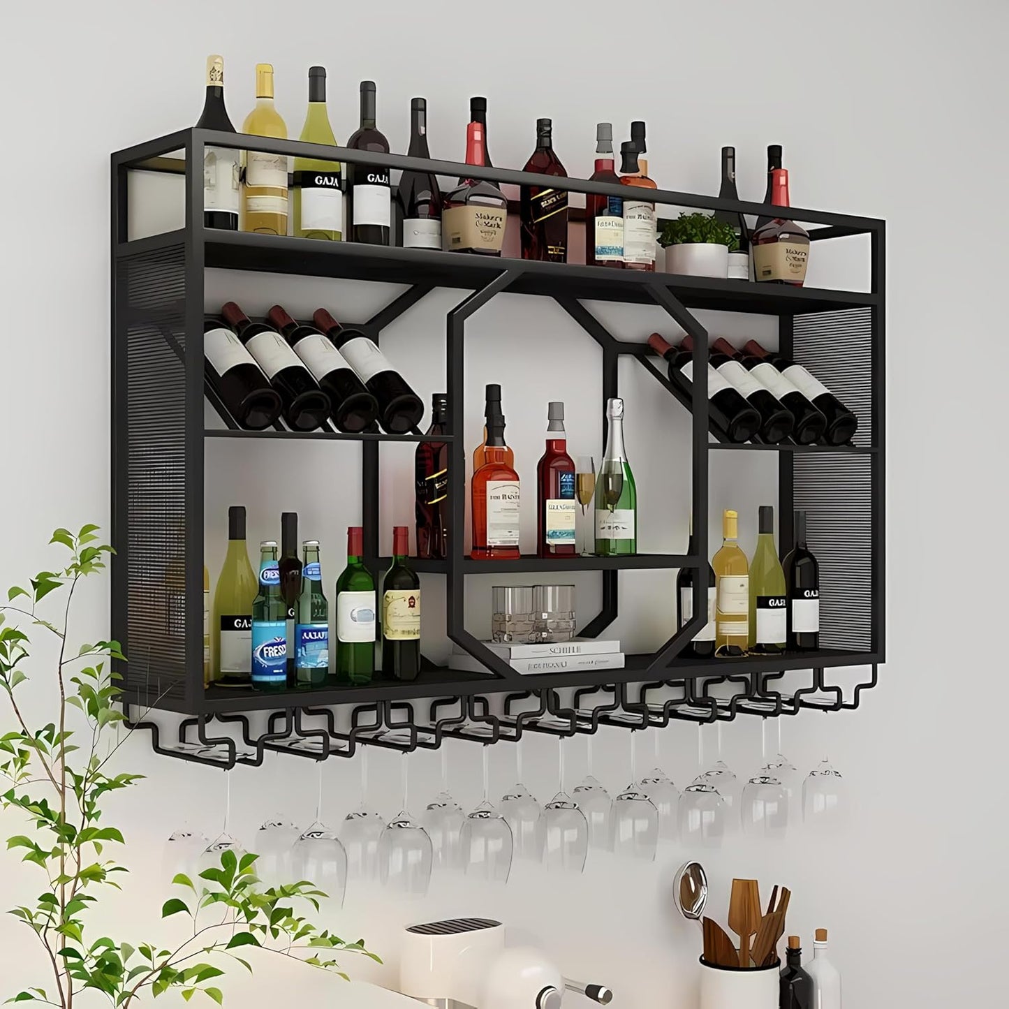 Wall Mounted Wine Rack, 3-Tiers Metal Bar Bottle Holder, Modern Wine Glass Storage Display Shelves, Wall Wine Rack for Kitchen Bar Dining Rooms Decoration ﻿ (Black, 63in/160cm)