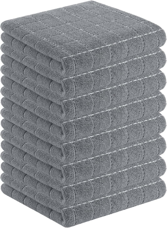 Homaxy 100% Cotton Terry Kitchen Towels(Grey, 13 x 28 inches), Checkered Designed, Soft and Super Absorbent Dish Towels, 8 Pack