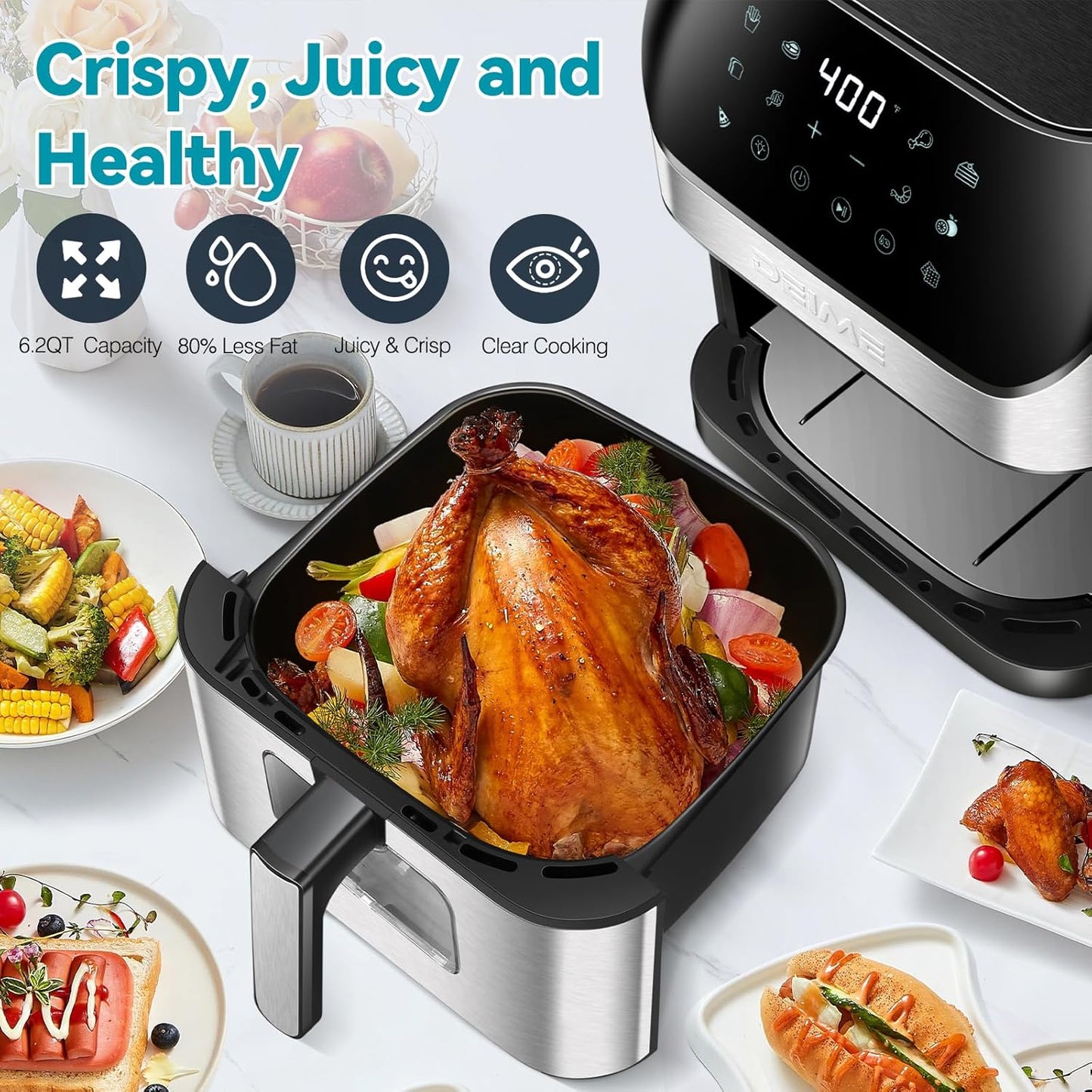 DEIME Air Fryer 6.5 QT Oilless Oven Large AirFryer Healthy Cooker with 10 1-Touch Preset, Visible Cooking Window, Non-Stick Basket & Dishwasher Safe