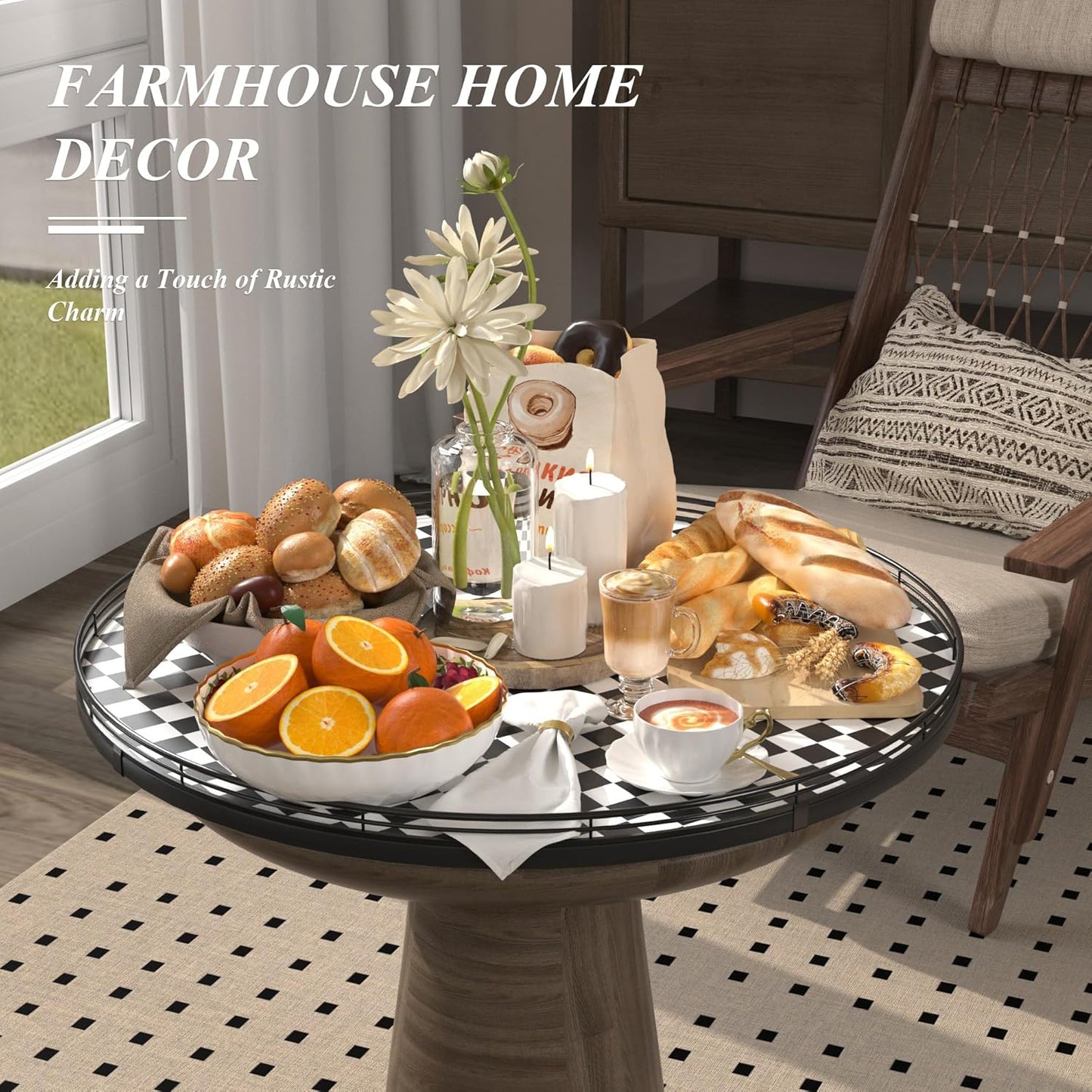 24" Black and White Kitchen Lazy Susan Turntable, Round Checkered Decorative Tray, Large Lazy Susan for Dining Table Centerpiece, Pantry, Kitchen, Bathroom, Countertop, Cupboard, Home Decor