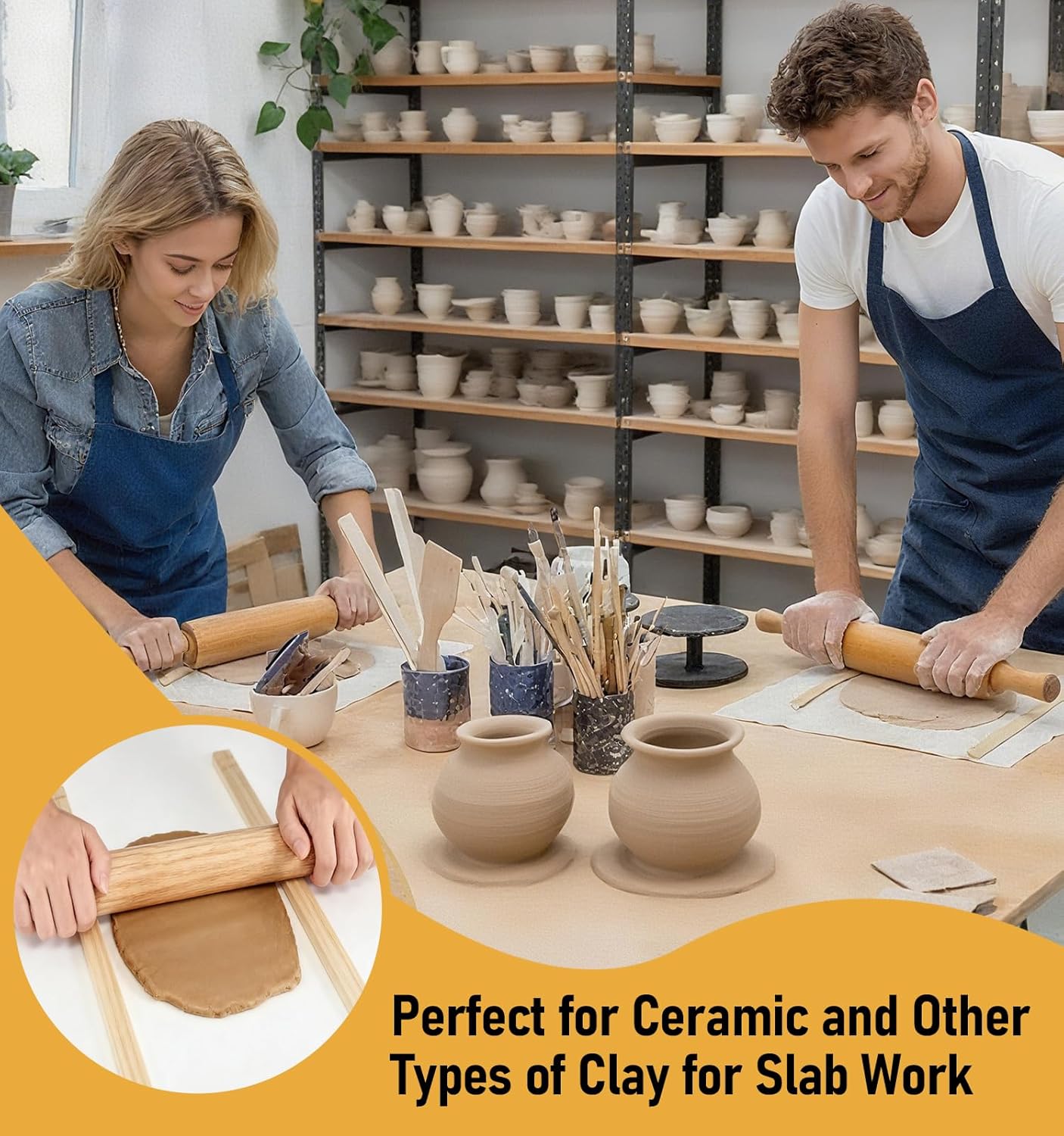 13 Pcs Pottery Tools, 5 Size Teaching Rolling Mud Stick Guide, Wood Rolling Pin, Pottery Special Linen, Clay Fabric, Sponge, Premium Pottery Tools for Hobbyists & Ceramic Artists