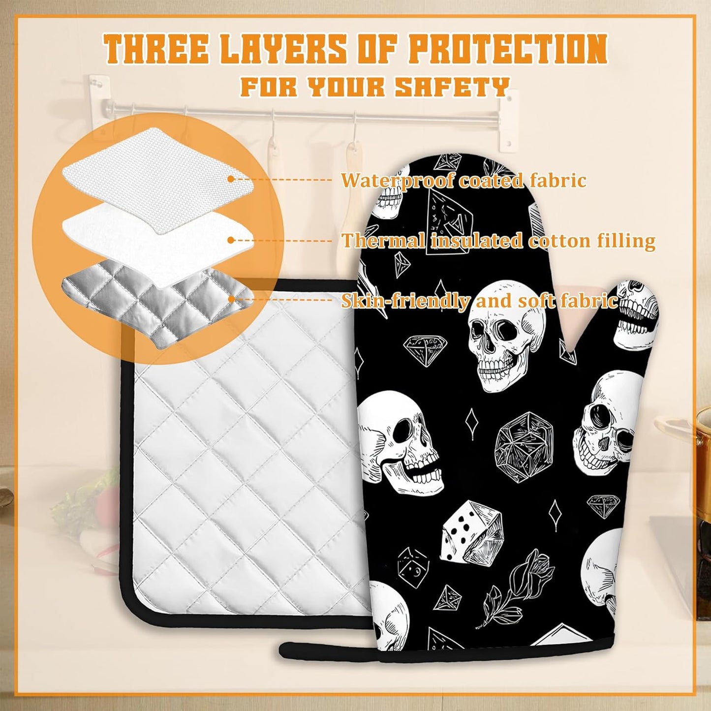 Skull Head Oven Mitts and Pot Holders, Rose Heat Resistant Oven Mitts Gloves and Pot Holder for Home Kitchen Decorations Cooking Baking BBQ Gifts,Set of 4