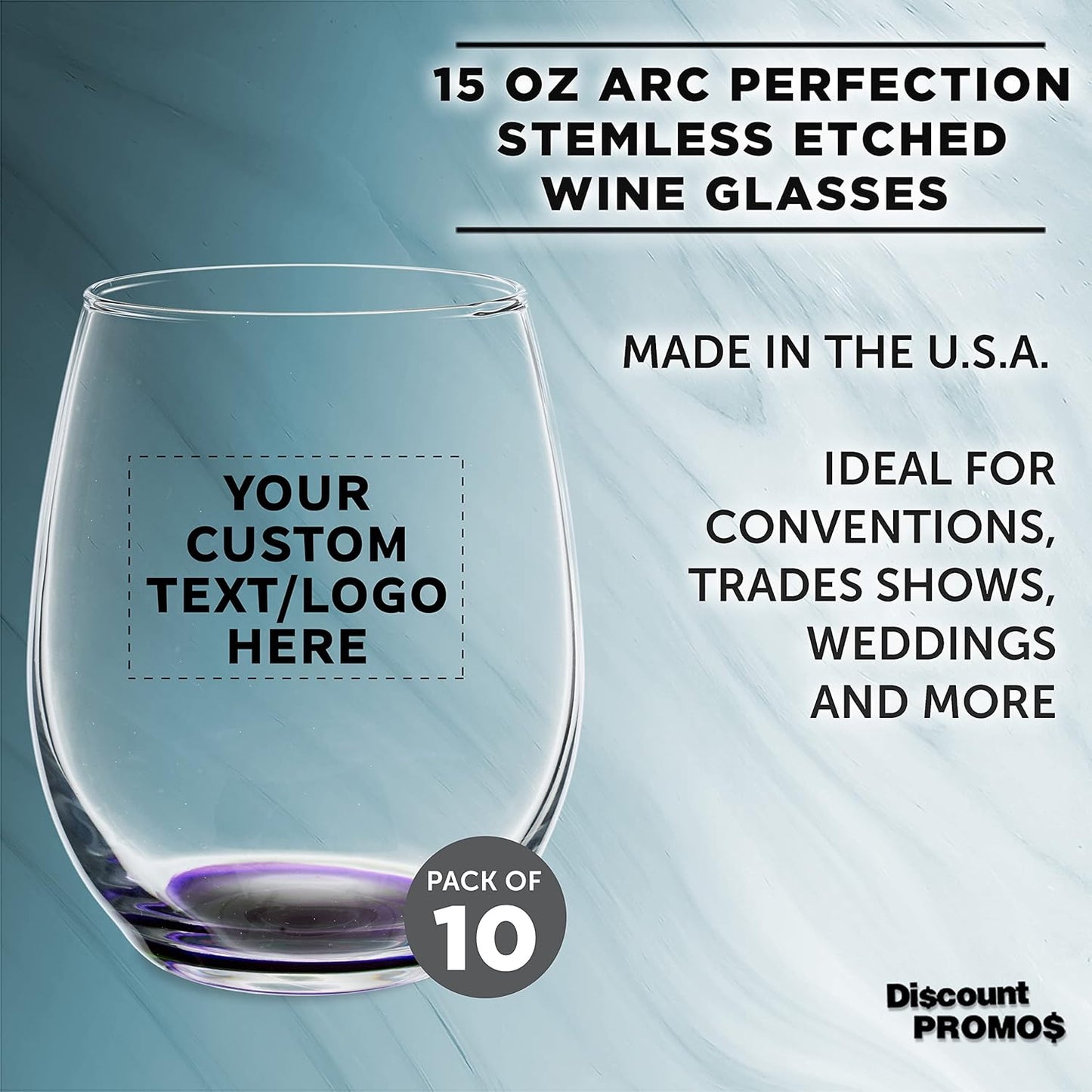 Custom Stemless Wine Glasses in Bulk by ARC Perfection, 15 oz, 10 pack, Personalized Text, Logo, Purple or White Wine Glass Set, Purple