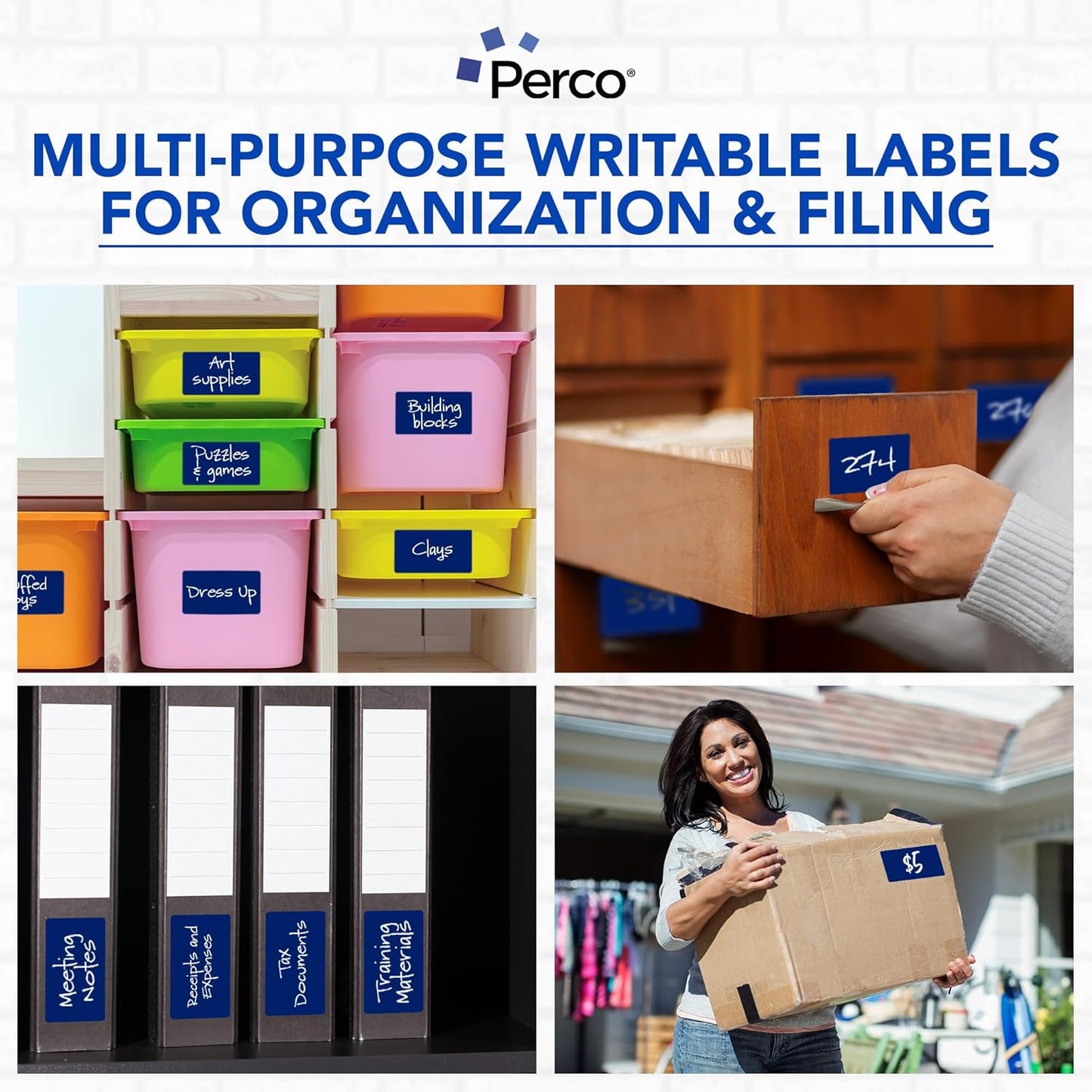 Perco Dark Blue Labels 3x5 Inch 500 Stickers/Roll with Easy Peel Perforation and Strong Adhesion for Inventory Management, Color Coding, Moving Boxes, Retail, Organizing & Crafts – Made in USA