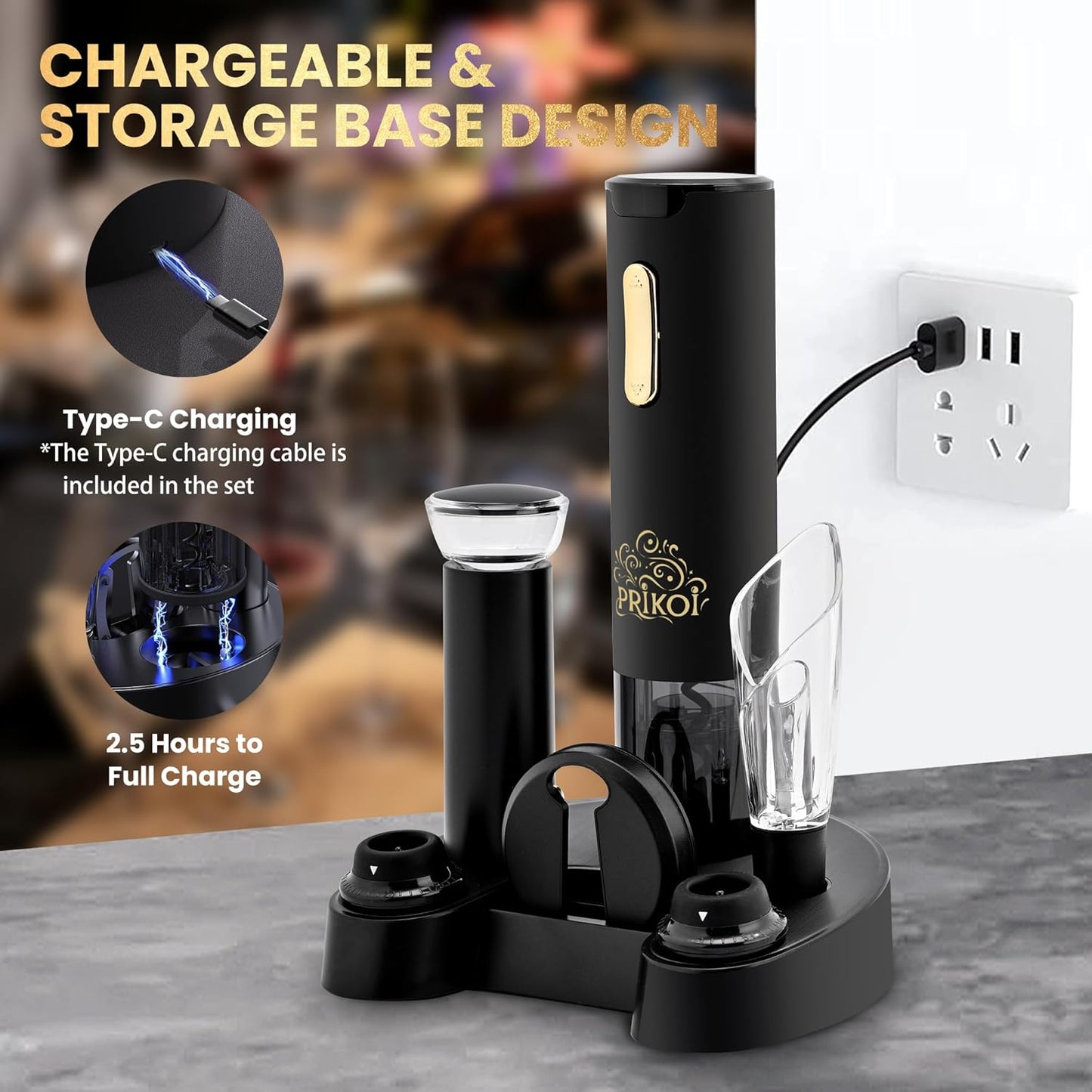 Electric Wine Opener Set with Charging Base, Automatic Cordless Wine Bottle Opener with Aerator & Pourer, Foil Cutter, Vacuum Pump, and Stoppers for Home Party Christmas Day