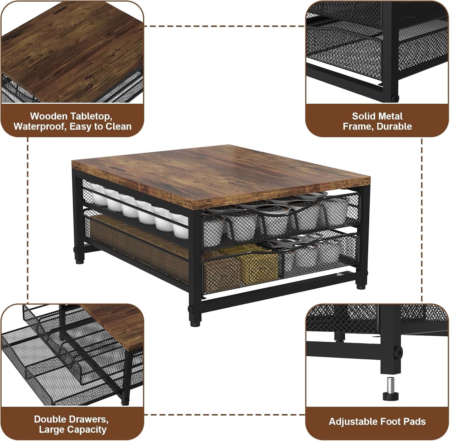 Coffee Pod Holder For Counter, Wooden K Cup Holder with Sliding Drawer, Large Capacity Coffee Pod Storage for Coffee Station, Home, Office, Kitchen