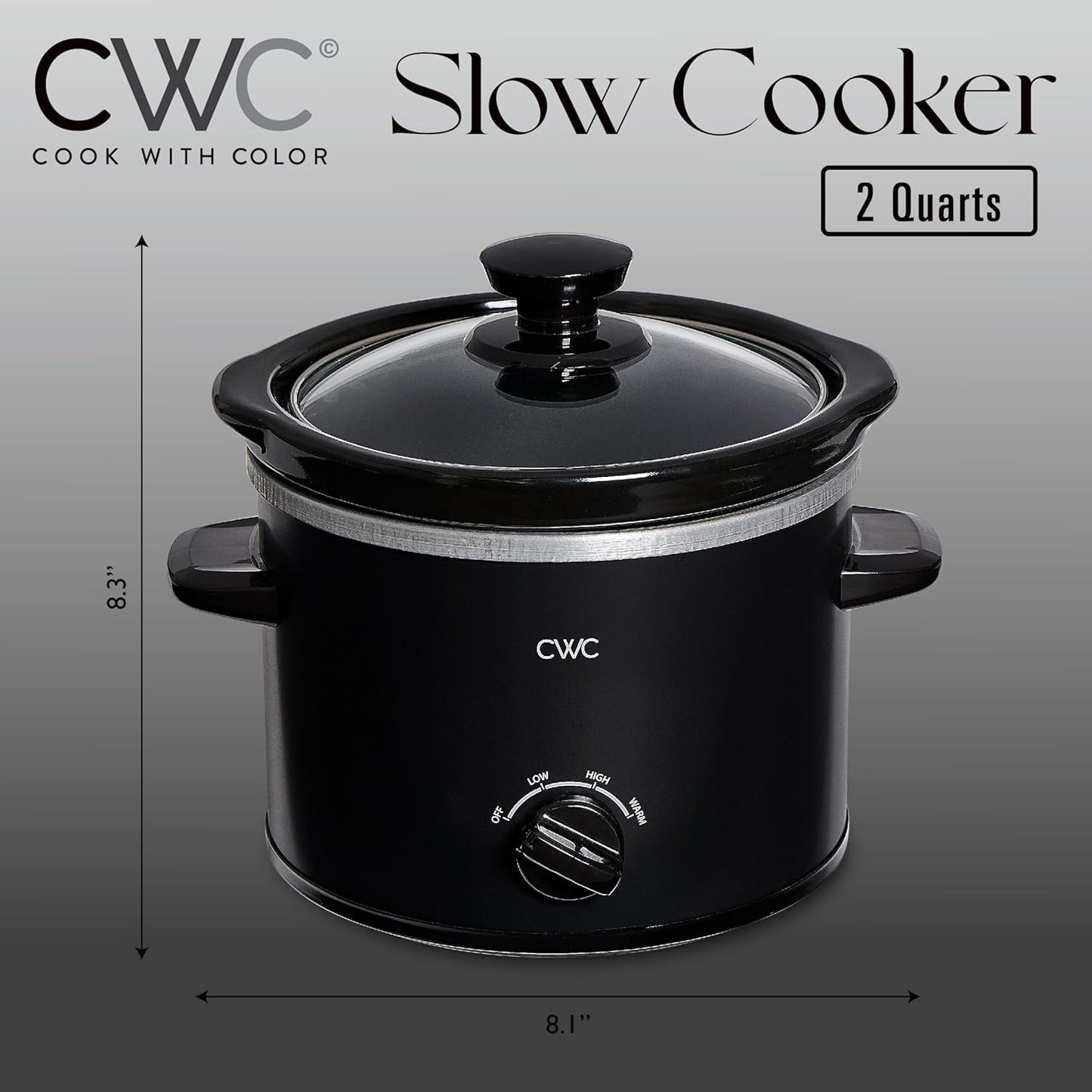 COOK WITH COLOR 2QT Mini Electric Round Slow Cooker - Adjustable Settings, Removable Stoneware Pot, Tempered Glass Lid, Dishwasher Safe, Cool-Touch Side Handles, Black