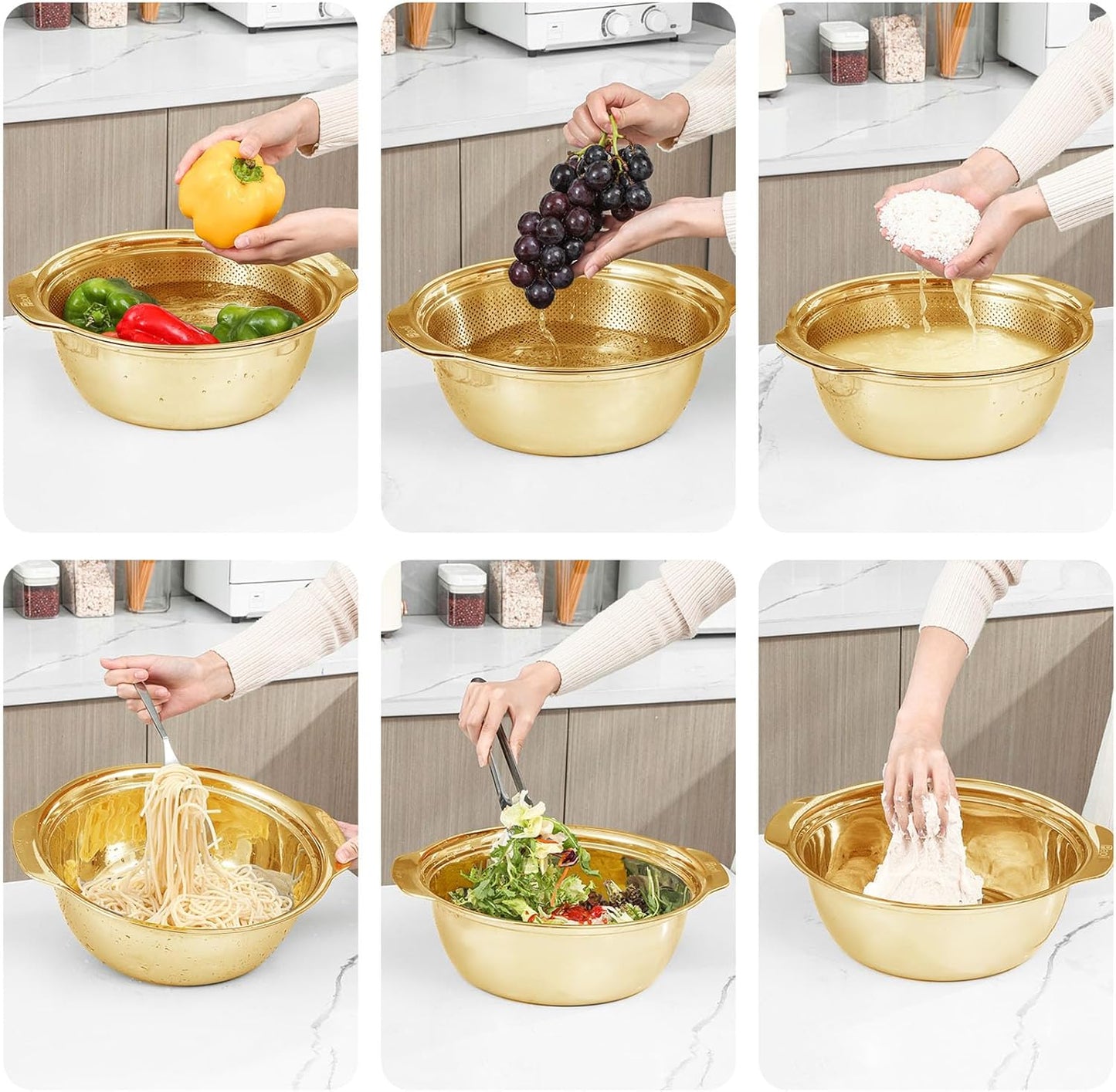 304 Stainless Steel Microporous Colander with Handle, Rice Washers Microporous Strainer Set For washing vegetables, fruits and rice, and draining cooked pasta(4QT with handle-Gold)