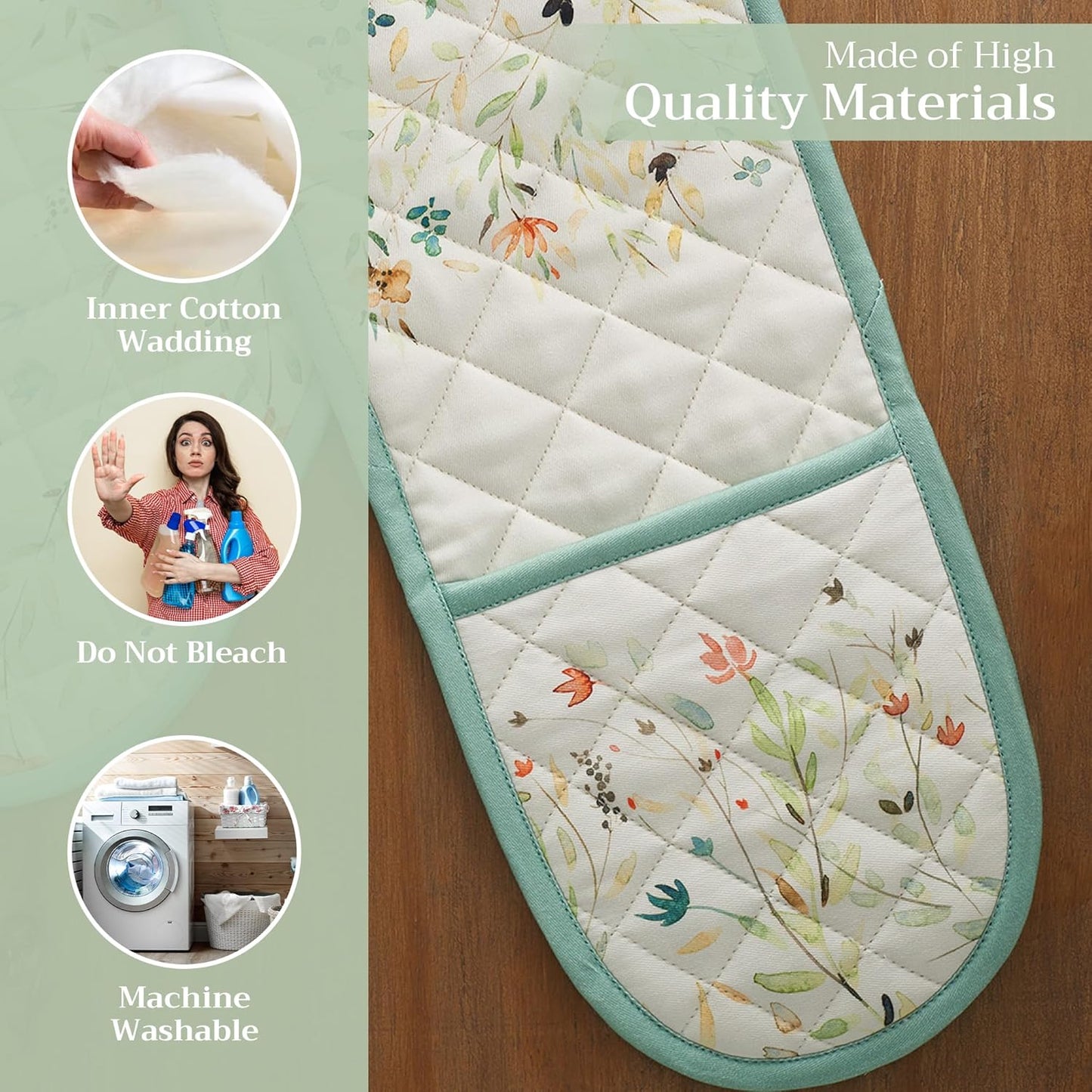 Maison d' Hermine Double Oven Mitts 100% Cotton 7"x35" Double Oven Mitt Heat Resistant BBQ Cooking Gloves with Loop, Baking, Grilling, Home, Kitchen, Handling Hot Pans Spring Summer (Colmar)