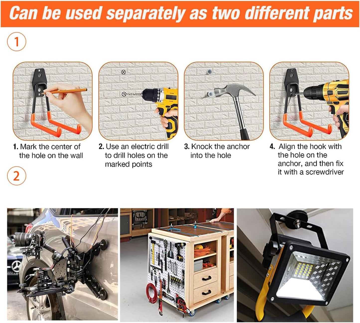 Heavy Duty Magnetic Garage Hook,4 Pack Strong Large Magnet Hooks for Power Drill,Garden Tools,Hose,Pegboard,Garage, Workshop,Magnetic Storage Hooks for Indoor Outdoor Hanging(Orange)