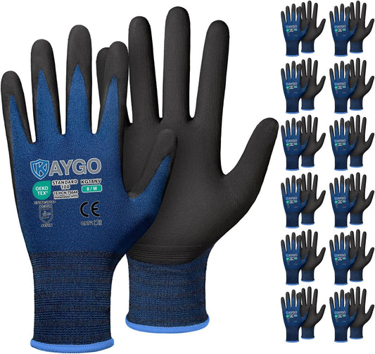 KAYGO Safety Work Gloves MicroFoam Nitrile Coated-12 Pairs, KG18NB,Seamless Knit Nylon Glove with Black Micro-Foam Nitrile Grip,Ideal for General Purpose,Automotive,Home Improvement, Dark Blue, M
