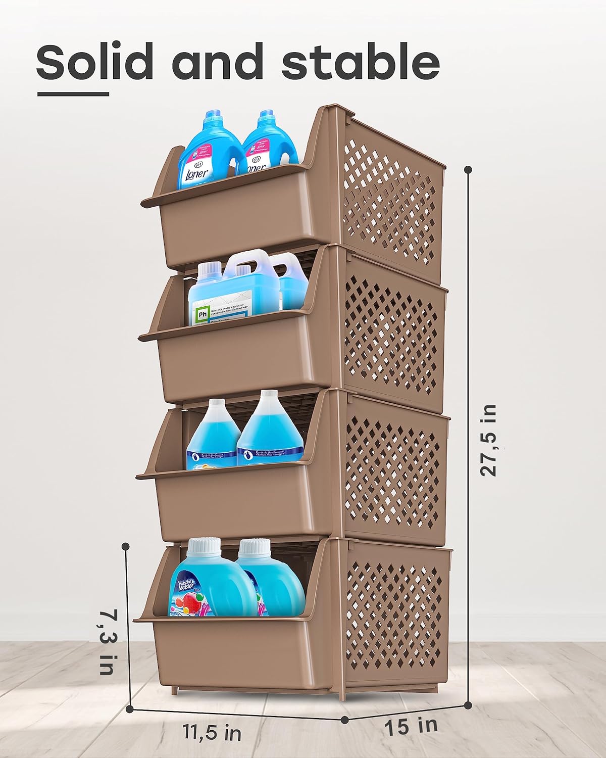 TidyFriend Stackable Storage Bins for Pantry - 4 Pack Medium Stackable Bins For Organizing Food, Kitchen, and Bathroom Essentials (Brown)