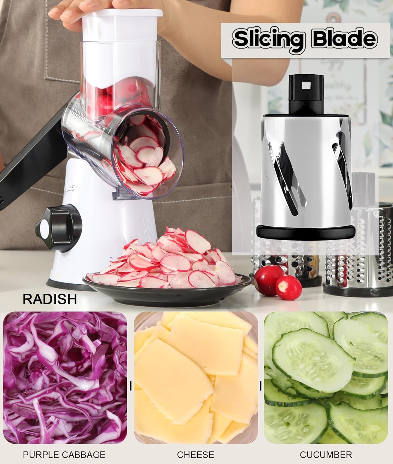 Ourokhome Rotary Cheese Grater Hand Crank, Kitchen Shredder Speed Mandolin Slicer Nuts Grinder with Handle and Drum Blades for Cheese, Vegetable, Walnuts, Chocolate, Potato, 3 Blades, White Black