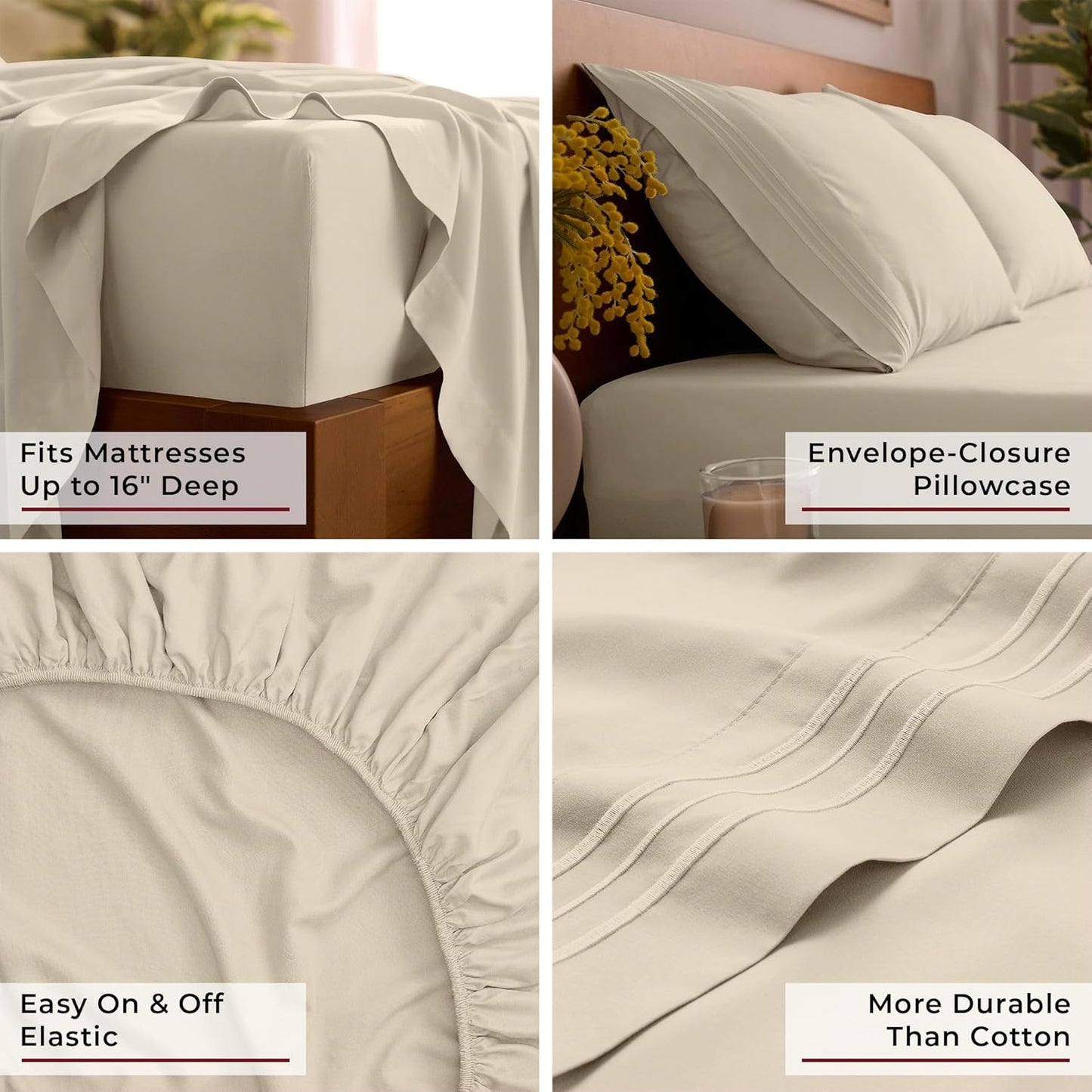 Mellanni Queen Sheets Set - 4 PC Iconic Collection Bedding - Hotel Luxury, Extra Soft, Cooling Bed Sheets - Wrinkle, Fade, Stain Resistant (Queen, Beige)
