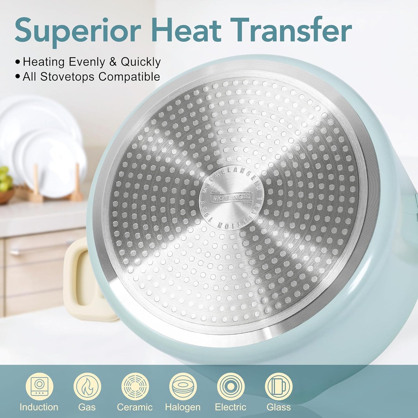 MICHELANGELO Pasta Pot with Strainer Lid - 6 Quart Cooking Pot with Lid, Non Stick Spaghetti Pot Ceramic Coated with Twist and Lock Handles for Easy Draining, Induction Compatible, Soft Aqua