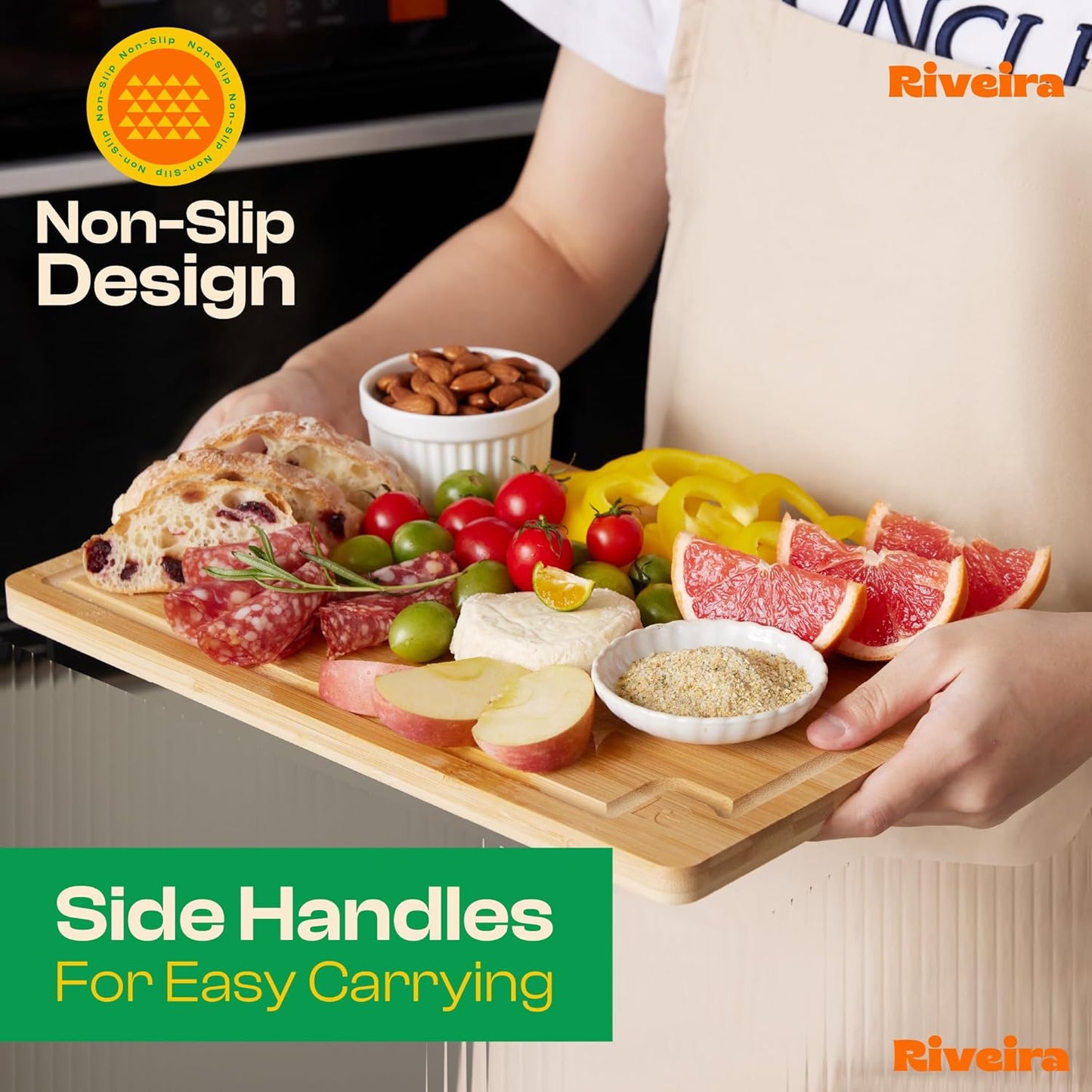 Riveira White Bamboo Wood Cutting Board – Gourmet Bamboo Grandeur: 36 x 24 Wooden Cutting Board – Wooden Cutting Boards For Kitchen Decorative – Innovative Juice Grooves Wooden Chopping Board