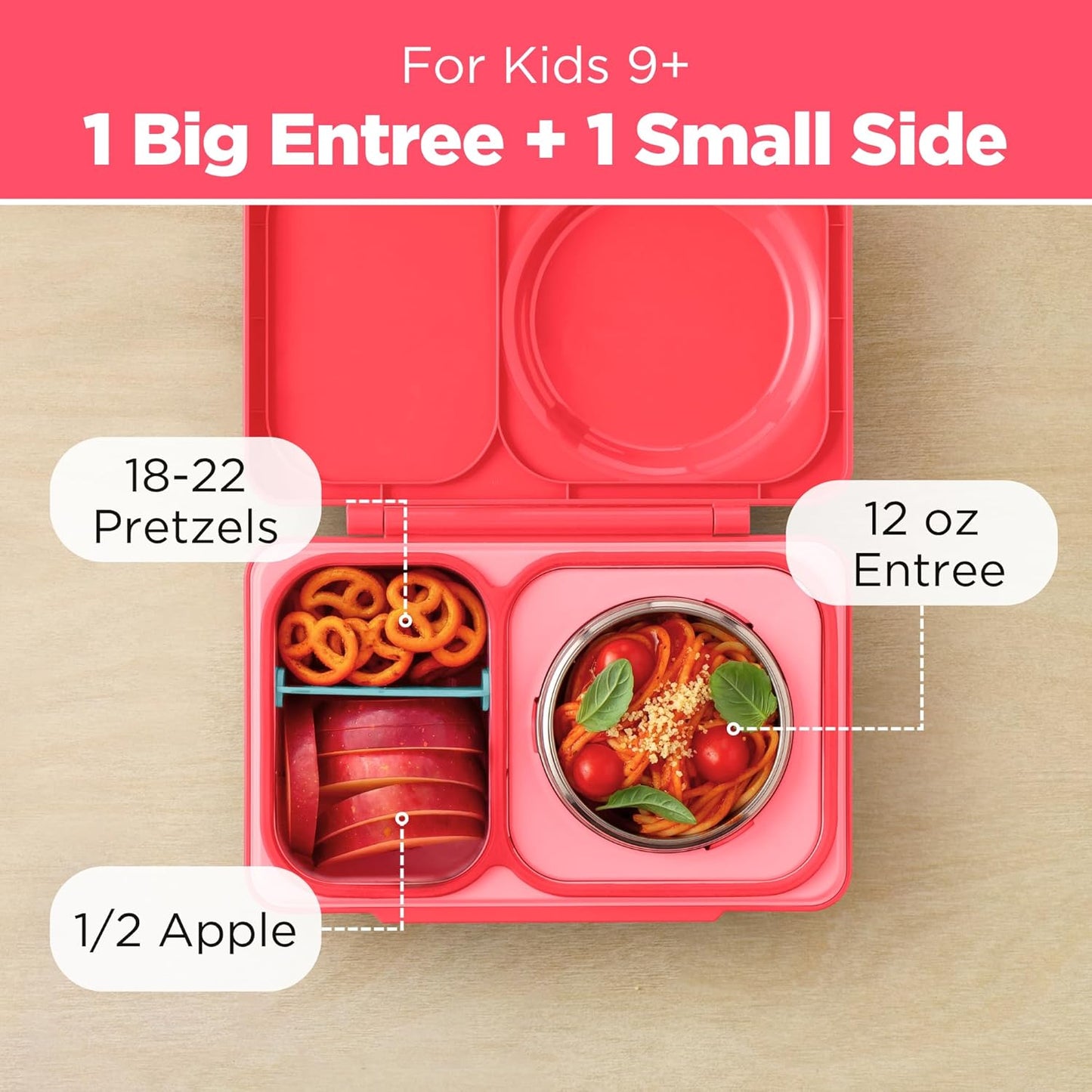 Omie OmieBox UP bento Box for Kids | Insulated Lunch Box | Leak Proof Vacuum Insulated Thermal Food jar | Cooler ice Pack | 2 Compartments (Cherry Pink)