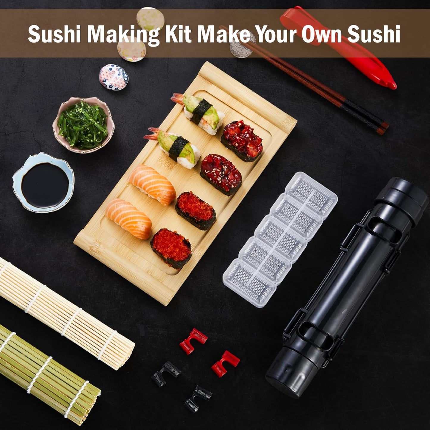 Deluxe Sushi Making Kit 25-in-1 Bazooka Roller Set, Bamboo Mat,Knife,Sauce Tray,Japanese Sashimi Sushi Bamboo Serving Geta Plate,and More - Perfect for Beginners