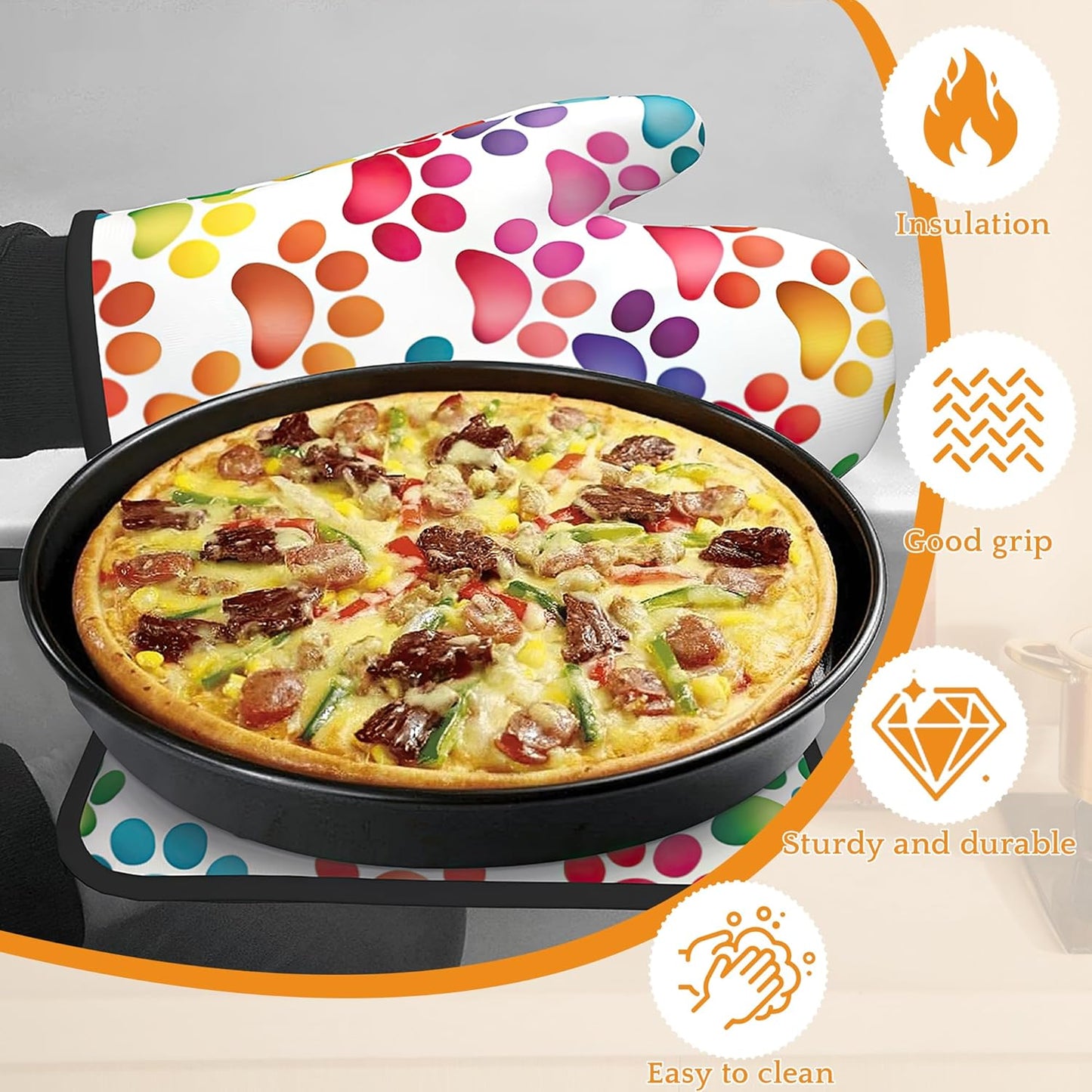 Cat Dog Paw Oven Mitts and Pot Holders Set,Rainbow Kitchen Decor Heat Resistant Non Slip Hot Pads and Oven Mitt for Chef Cooking Baking BBQ Mom Girl Gifts(4 Piece Set)