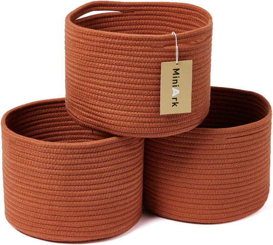 Small Basket for Organizing | Cube Shelf Closet Storage Baskets | 9.7×9.7×7.1” | Woven Rope Gift Basket | Nursery | Round 3 Packs Oxide Red