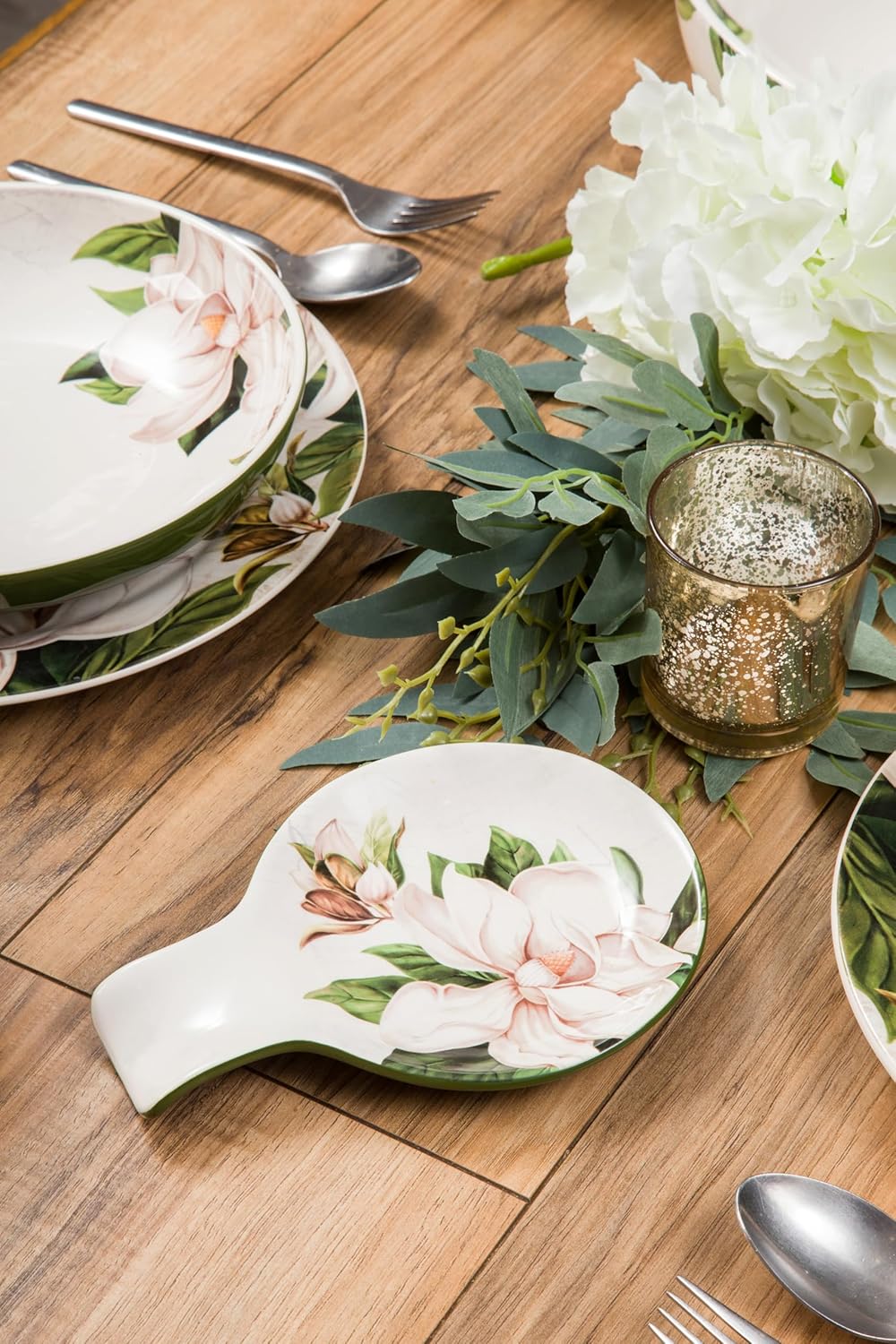 Bico Magnolia Floral Spoon Rest for Stove Top, Ceramic Spoon Holder for Kitchen Counter, Easy to Clean Coffee Spoon Rest Dishwasher Safe, Kitchen Cooking Utensil Rest for Ladles Spatula