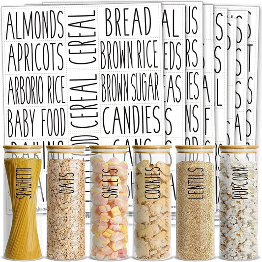 Talented Kitchen 136 Kitchen Sticker Labels for Food Containers - Varied Sizes, Black Text on Clear Background - Waterproof Labels for Jars & Storage