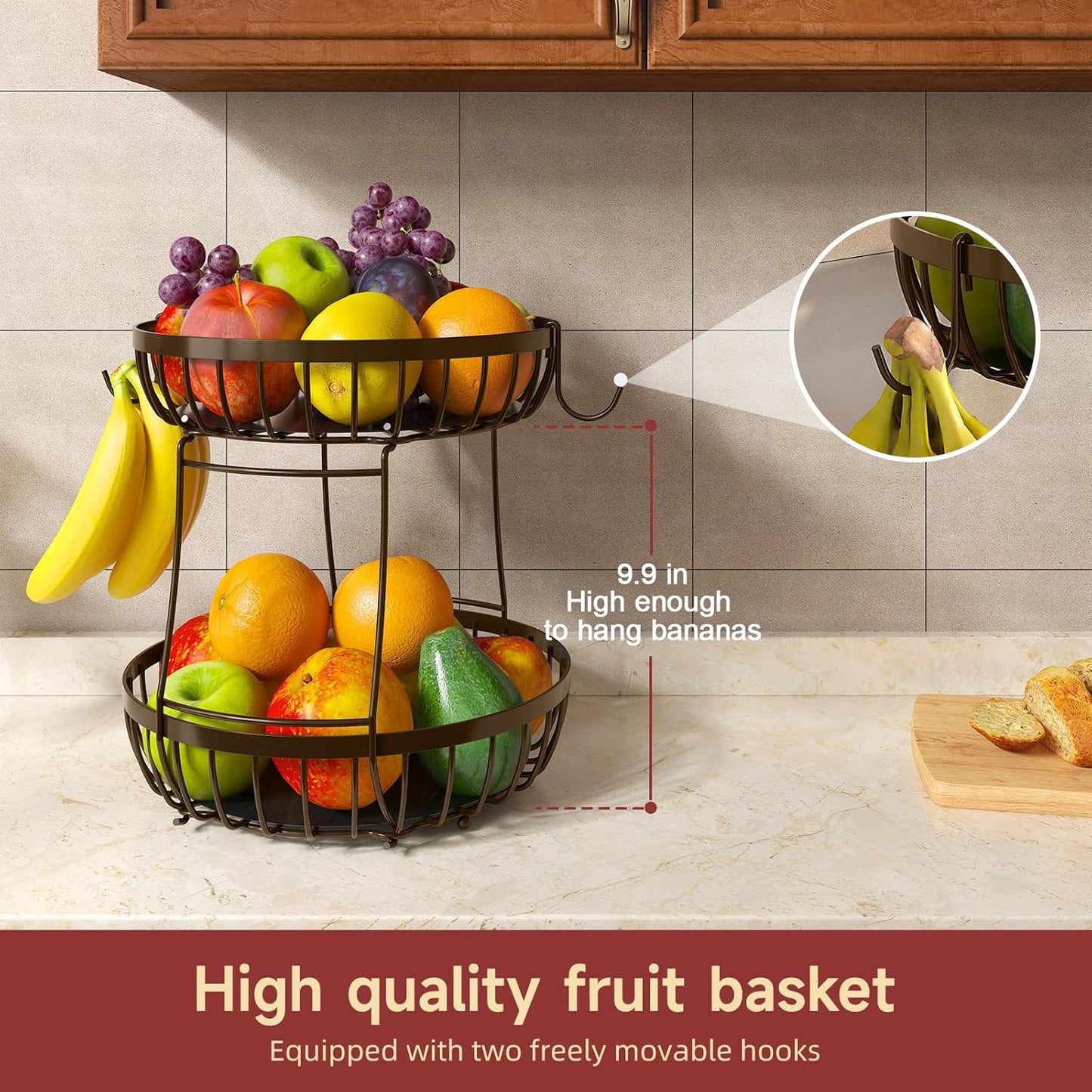 2 Tier Fruit Basket for Kitchen Counter with 2 Banana Hangers, Metal Stackable Fruit Bowl for Kitchen Counter for Bread Vegetable Fruits, Brown