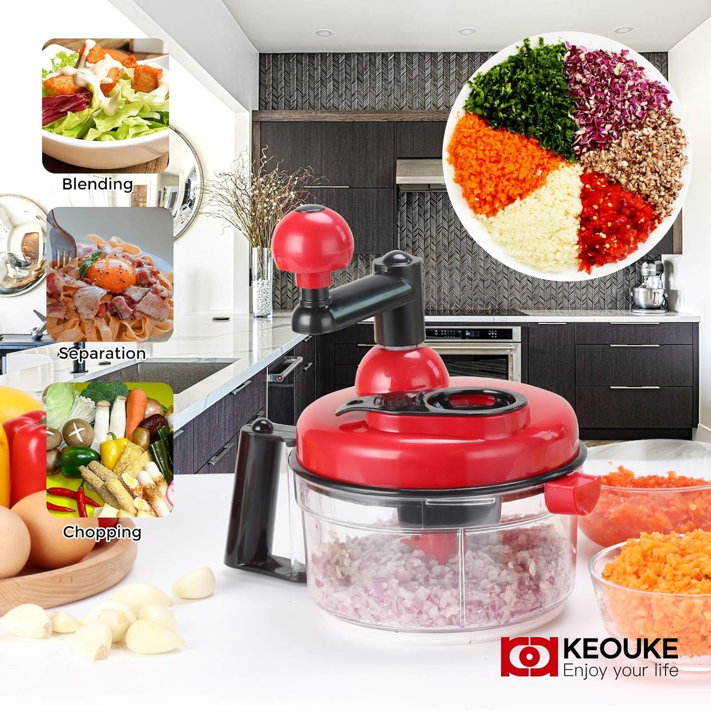 KEOUKE Hand Crank Food Chopper Red - Manual Food Processor with Egg Separator, Labor-Saving, Easy to Clean, Large Vegetable Mixer Blender for Onion, Garlic, Salad, Salsa, Nuts, Meat, Fruit, etc