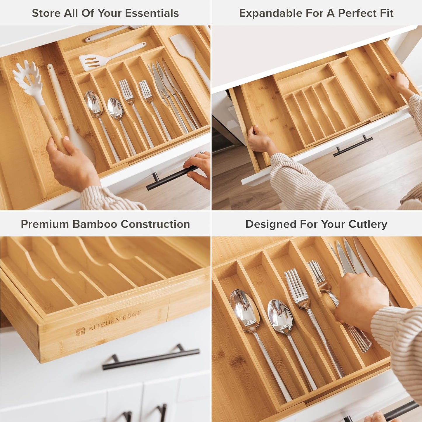 KitchenEdge Premium Silverware, Flatware and Utensil Organizer for Kitchen Drawers, Food-Safe Contract Grade, Expandable from 16 to 28 In, Natural Bamboo