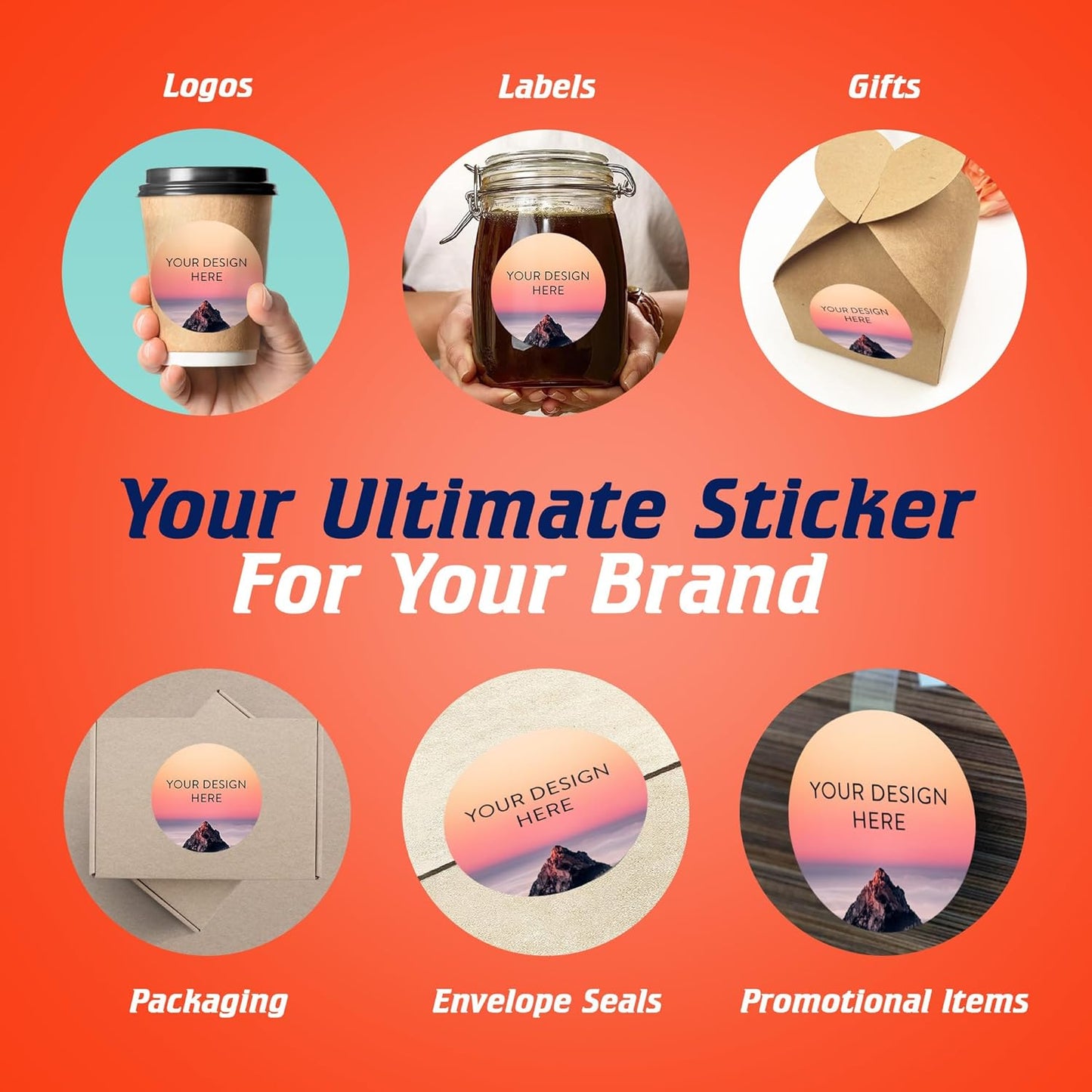 100 Custom Vinyl Stickers - Upload Your own Image, Text, Design, Logo - Personalized Logo Labels for Handmade, Packaging, Bottle, Jars, Candle, Brand Stickers (Mountain, 4x4)