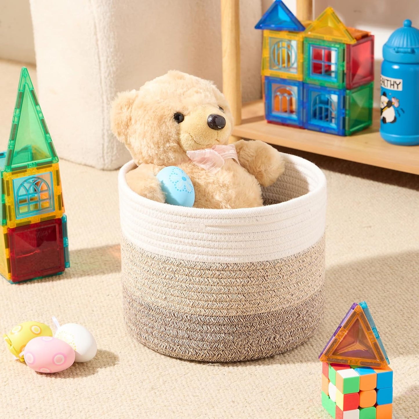 Small Basket for Organizing | Cube Shelf Closet Storage Baskets | 9.7×9.7×7.1” | Woven Rope Gift Basket | Nursery | Round 3 Packs Gradient Brown