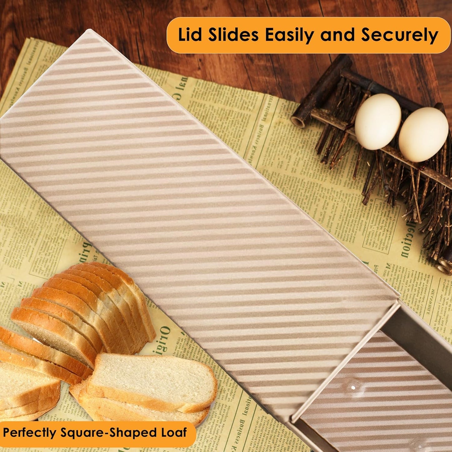 2-pack 2.2lb Gold Pullman Loaf Pan with Lid, Premium Non-Stick Coating Bread Pan, PFTE and PFOA-Free, Safe and Healthy Baking for Homemade Bread with Family-sized Recipes