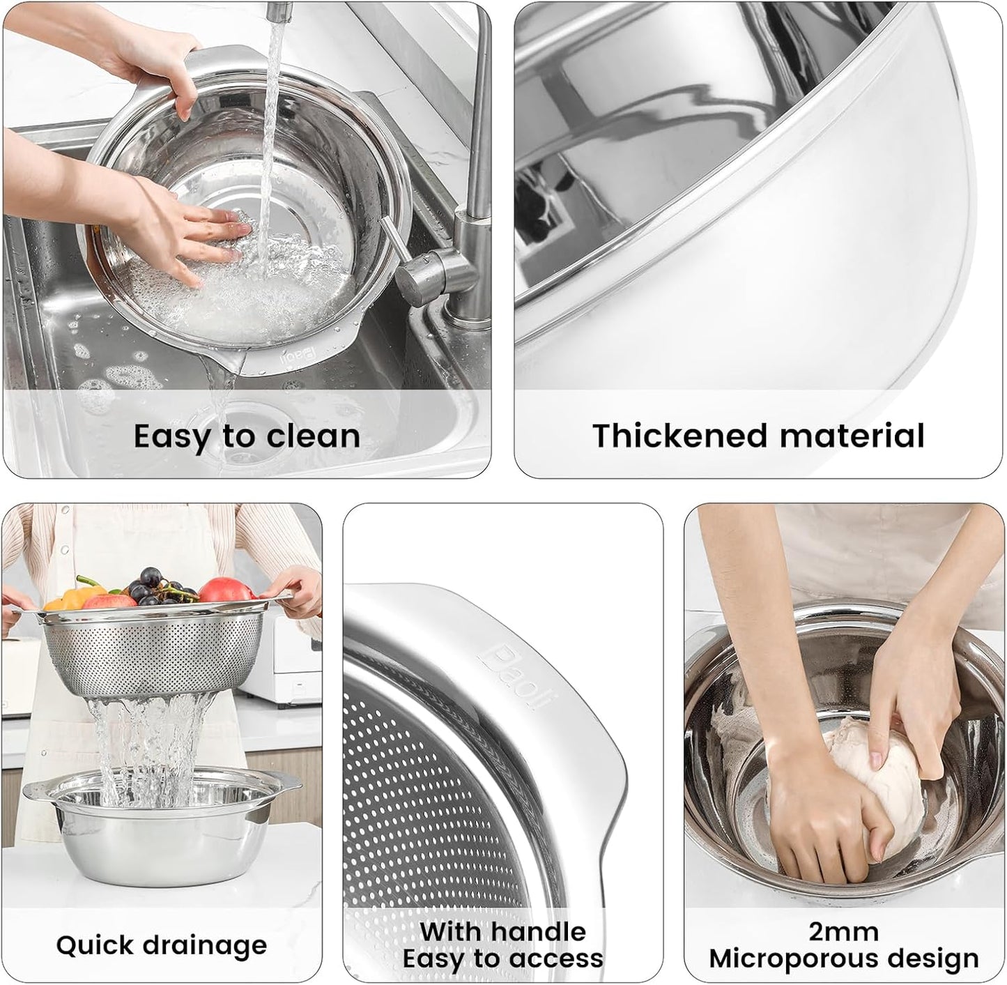 304 Stainless Steel Microporous Colander with Handle, Rice Washers Microporous Strainer Set For washing vegetables, fruits and rice, and draining cooked pasta(3.5QT with handle-Gold)