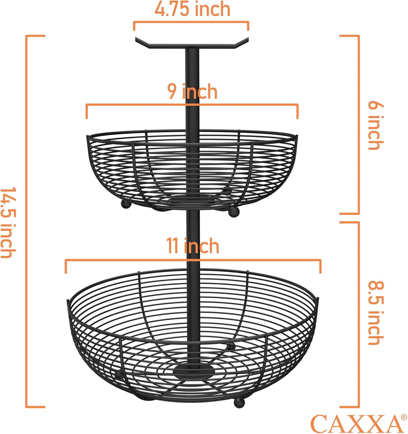 CAXXA 2 Tier Fruit Basket Bowl Kitchen Heavy Duty Wire Organizer, Black
