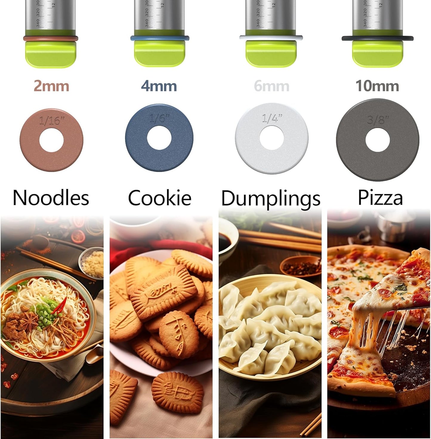 Stainless Steel Rolling Pin with Thickness Rings and Wooden Stand Dough Thickness for Baking, Fondant, Pizza, Pie Crust, Cookies, Pastries, 13.6" Rolling Pin with 4 Multi-Color Thickness Rings