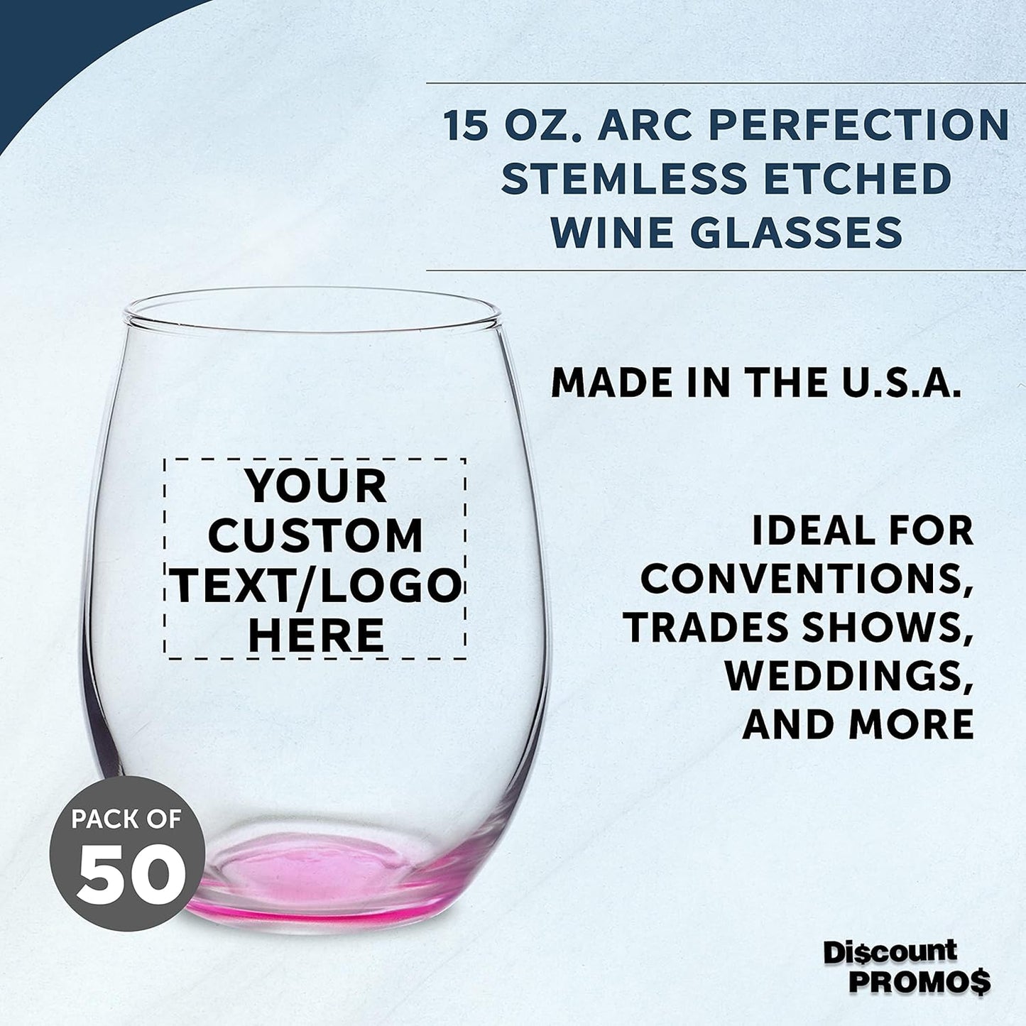 Custom Stemless Wine Glasses in Bulk by ARC Perfection, 15 oz, 50 pack, Personalized Text, Logo, Red or White Wine Glass Set, Pink