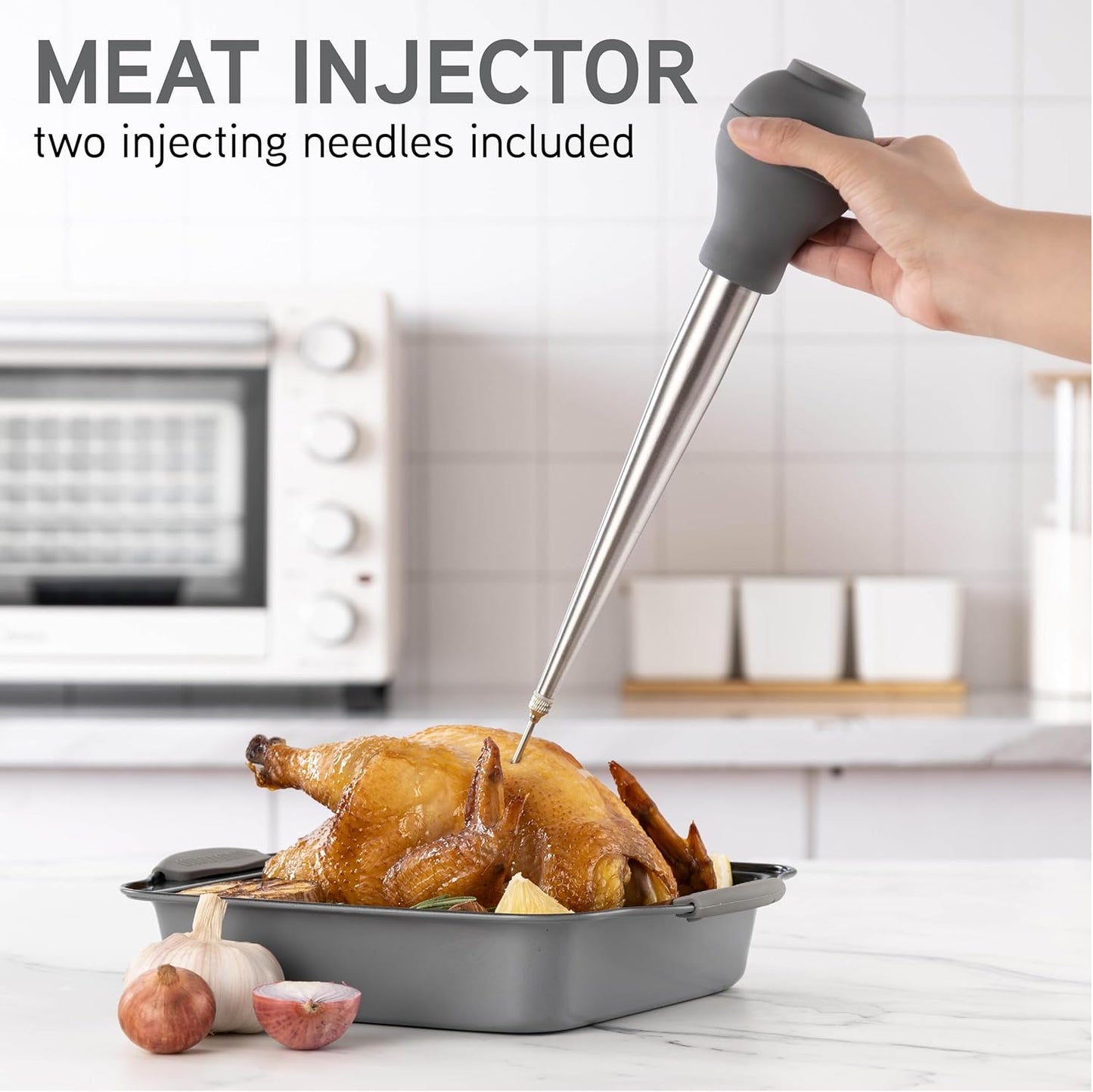 COOK WITH COLOR Turkey Baster with Cleaning Brush - Food Grade Syringe Baster For Cooking, Deluxe Set, Gray
