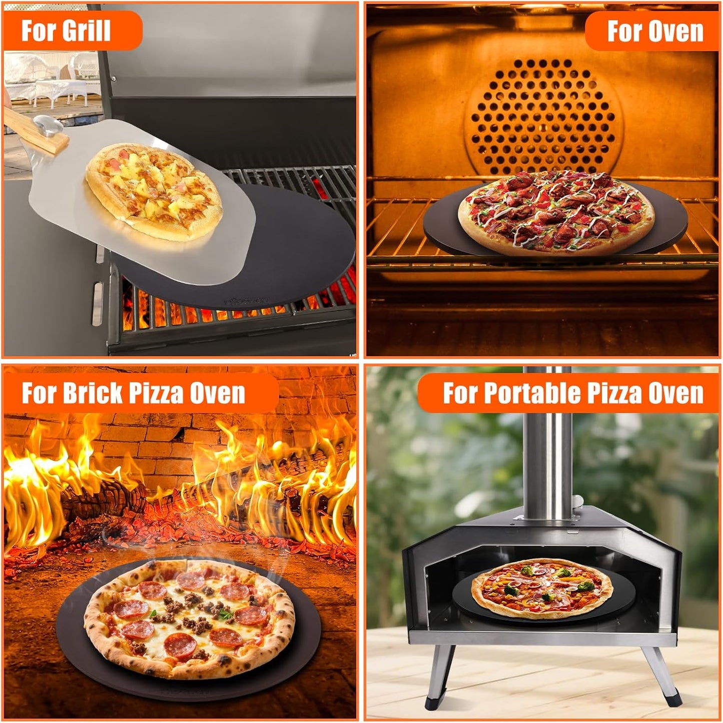 Hisencn 13" Round Pizza Steel for Oven & Grill – Ceramic Baking Steel Pizza Stone Set with Rack, Pizza Peel, Cutter & Dough Scraper, Crack-Resistant & High Heat Conductivity for Crispy Crust