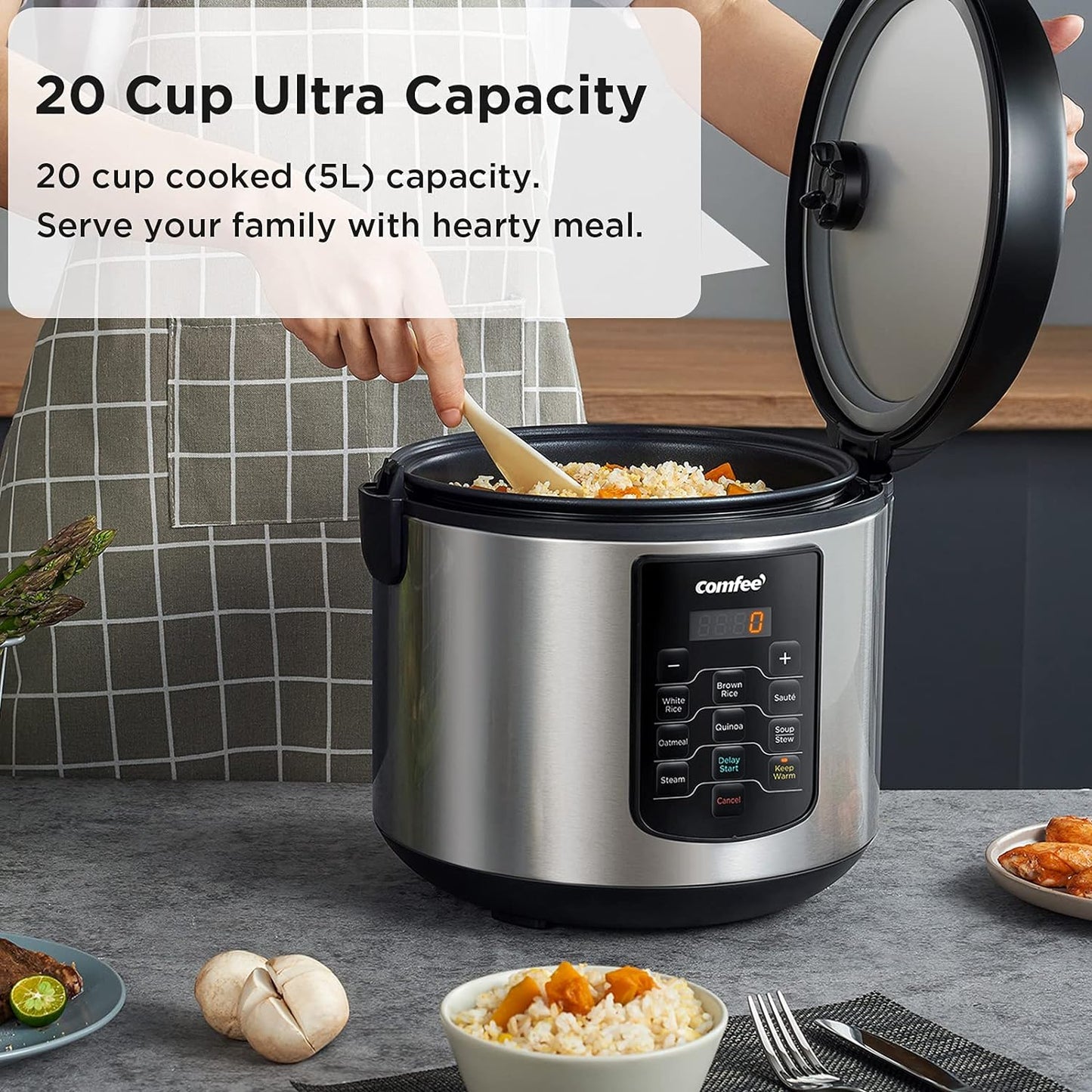 COMFEE' Rice Cooker 10 cup Uncooked/20 cup Cooked , Rice Maker, Steamer, Saute, Steamer and Warmer, 5.2 QT Large Capacity, Brown Rice, Quinoa and Oatmeal, 8 One-Touch Programs