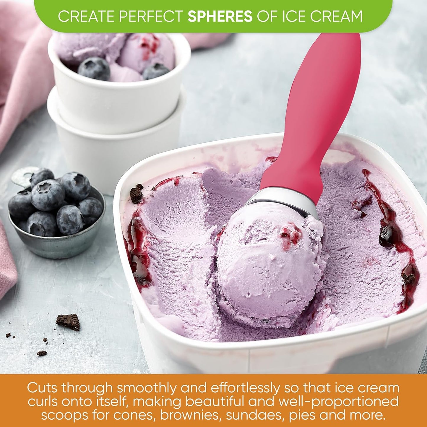 Spring Chef Pink Heavy Duty Ice Cream Scoop with Soft Grip Handle, Professional Ice Cream Scooper, Metal Icecream Spoon for Cookie Dough, Frozen Yogurt, Gelato, Melon - Dishwasher Safe Kitchen Tool
