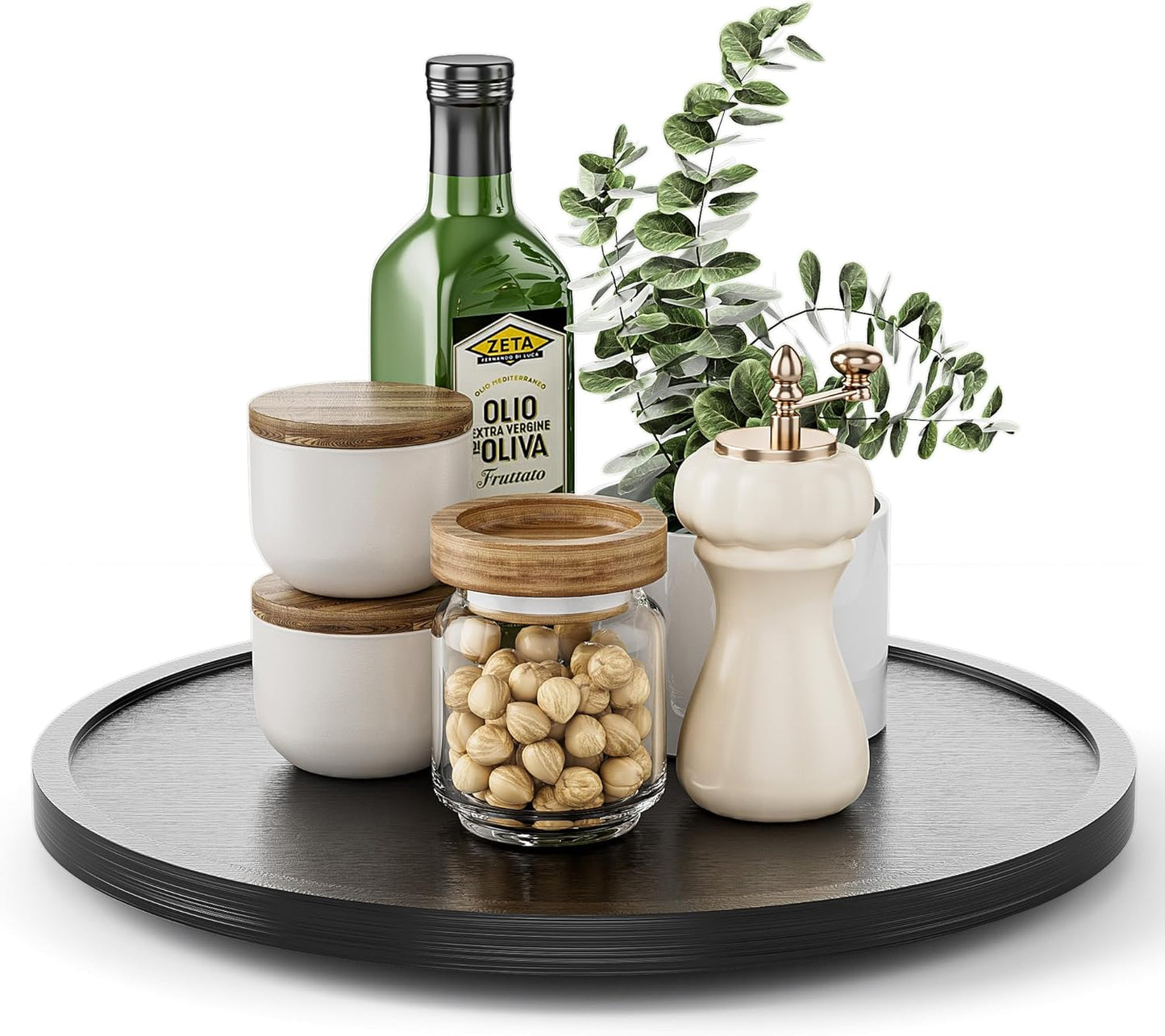 LAMU 11'' Wood Lazy Susan Organizer Turntable for Cabinet, Lazy Susan for Table Top, Pantry, Kitchen, Bathroom, Countertop, Rotating Spice Organizer, Vanity Decor Tray, Pine Wood, Black