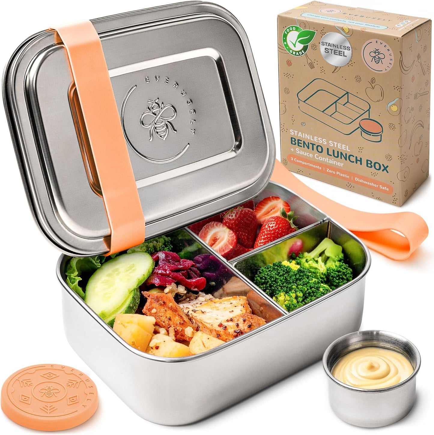 Everusely - Bento Box - Orange, 27oz / 0.8 L - Stainless Steel Lunch Box with Leakproof Condiment Container - 3 Compartment Snack Organizer for On the Go Meals - Freezer & Dishwasher Safe