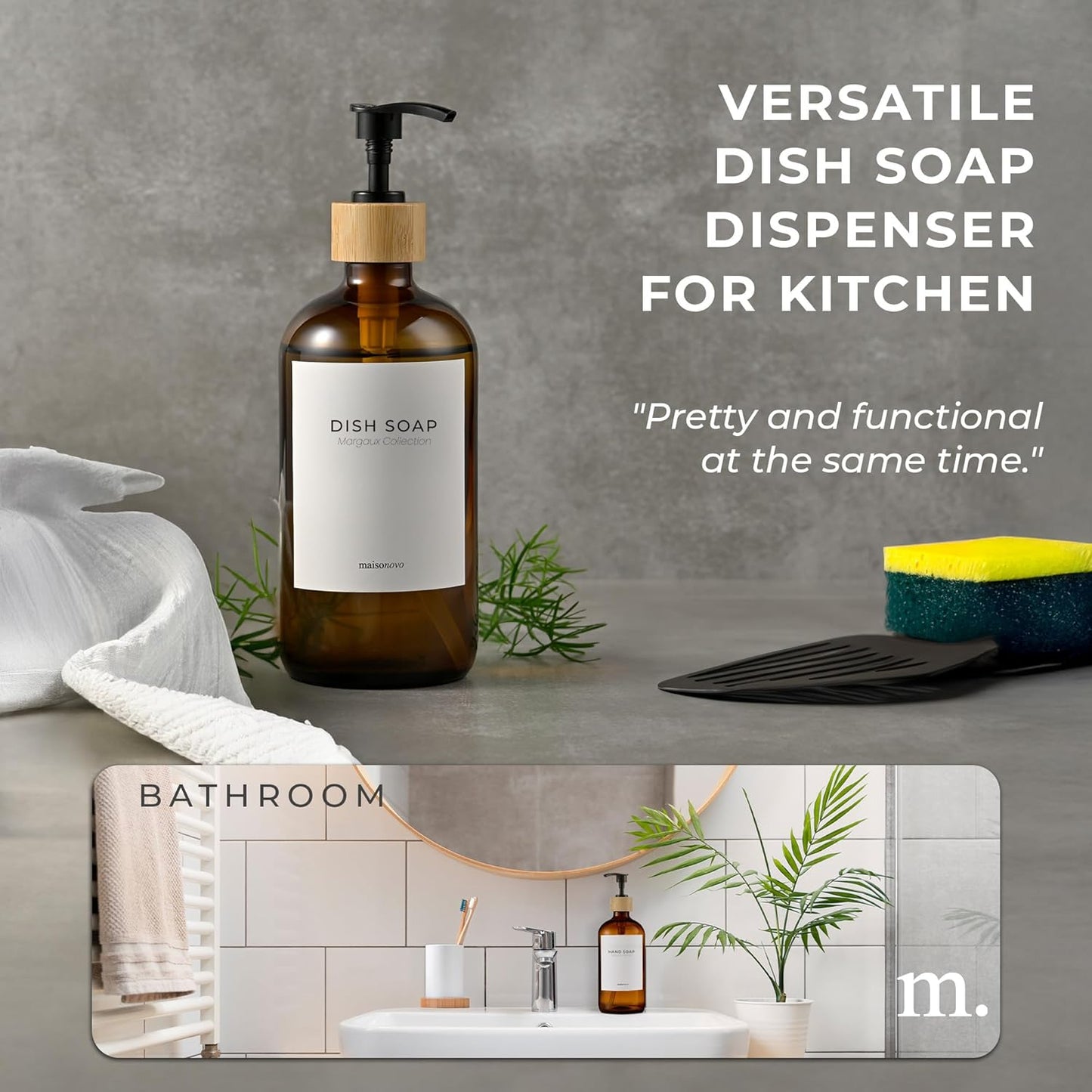 MaisoNovo Glass Hand Soap Dispenser | Dish Soap Dispenser for Kitchen | 16.9oz Amber Bottles with Black Bamboo Pump | Bathroom Lotion Dispenser