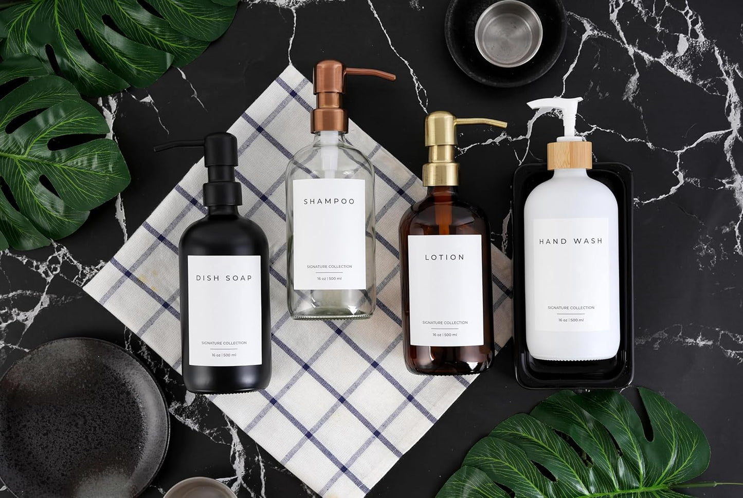 Emerson Essentials Soap Dispenser, Dish Soap for Kitchen, Bathroom Set, Hand and Dish Set, Kitchen Soap Dispenser Set, Bottles with Pump and Labels, 16 Oz, 2 Pack