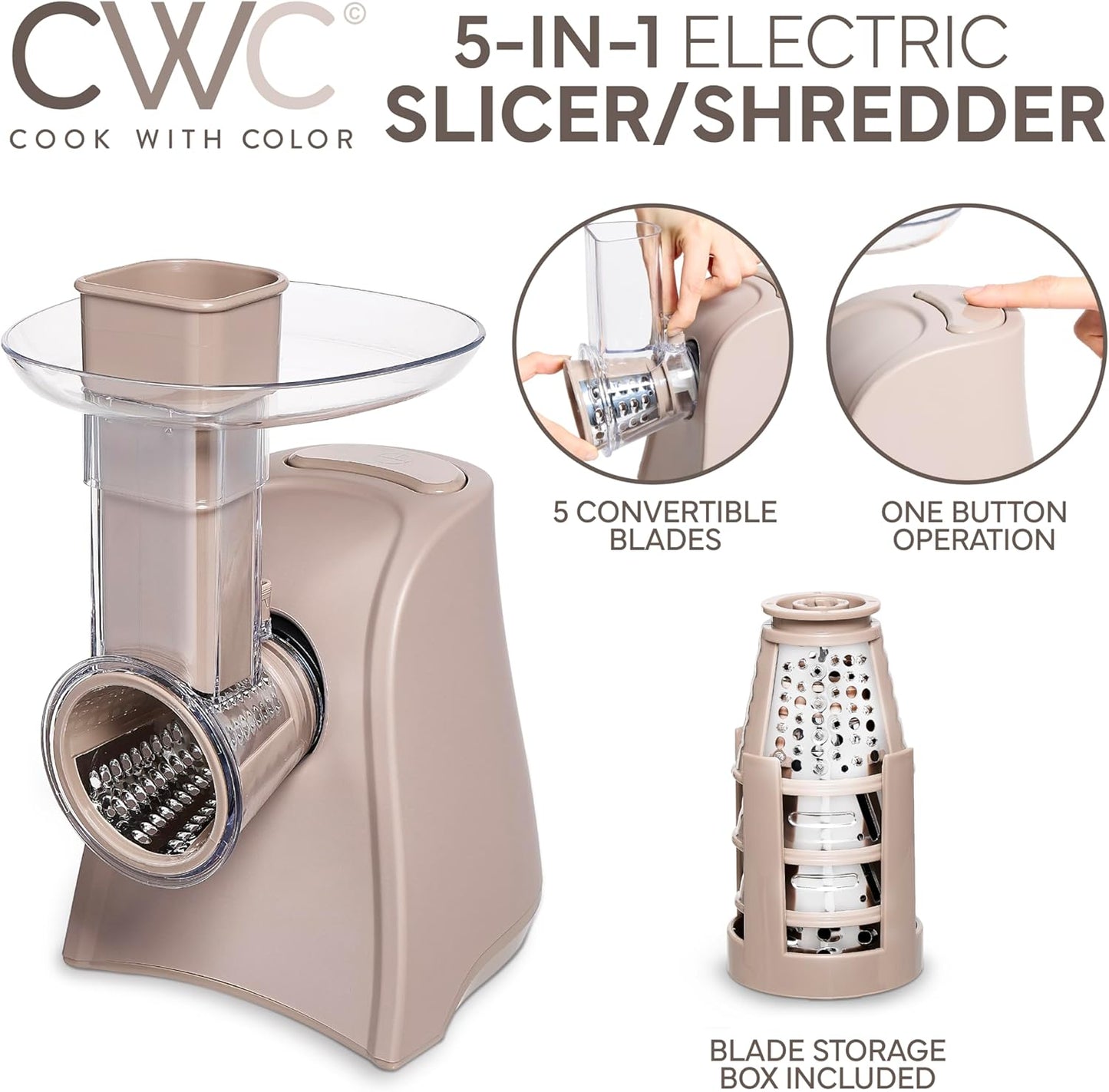 COOK WITH COLOR 5-in-1 Electric Slicer, 150W Food Prep Machine – Parmesan Shredder, Fine & Coarse Graters, Potato Grater, Vegetable Slicer, Compact Design for Bowl Prep, Warm Grey