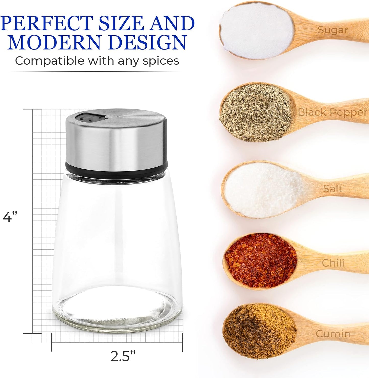 Salt and Pepper Shakers Set with Adjustable Pour Holes - Stainless Steel Spice Dispenser - Perfect for Pink Himalayan, Table Salt, Black and White Pepper